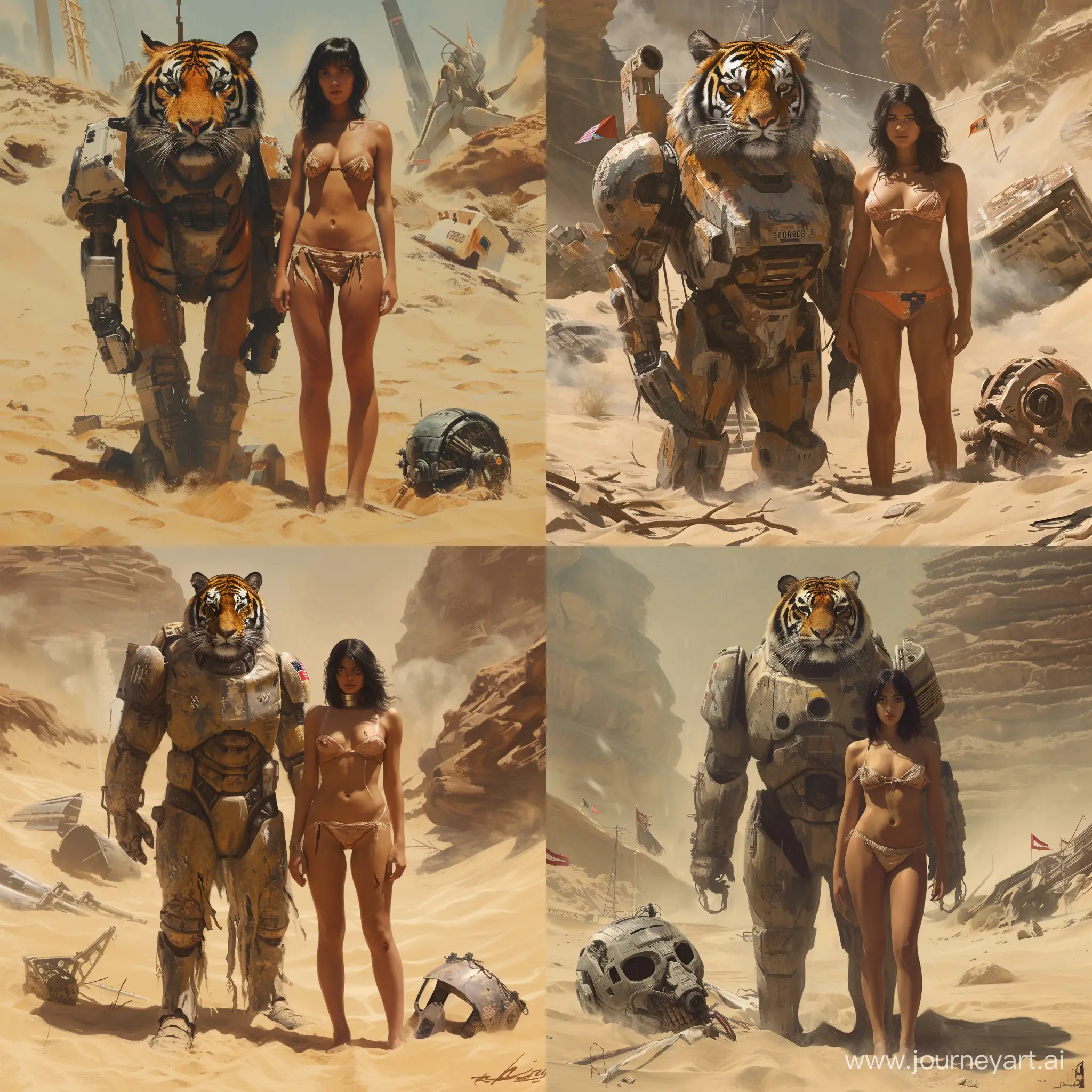 A post-apocalyptic desert landscape with a gigantic futuristic tiger wearing a weathered war suit standing beside a woman with dark hair. The woman's attire is a tattered bikini barely clinging to her body, with no flags or distinguishing nationality markers. They are surrounded by remnants of advanced civilization, with a massive robot head partially buried in the sand, hinting at a civilization long forgotten. The environment is hot and humid, with a temperature of 38 degrees Celsius and 100 percent humidity, causing a steamy, sweltering atmosphere. The scene is set in daytime, with the sun beating down on the stark and desolate scene, highlighting the contrast between the raw power of the tiger and the delicate form of the woman. This is a single image, combining elements of survival, desolation, and the bond between human and beast in a world that has moved beyond its former technological glory.