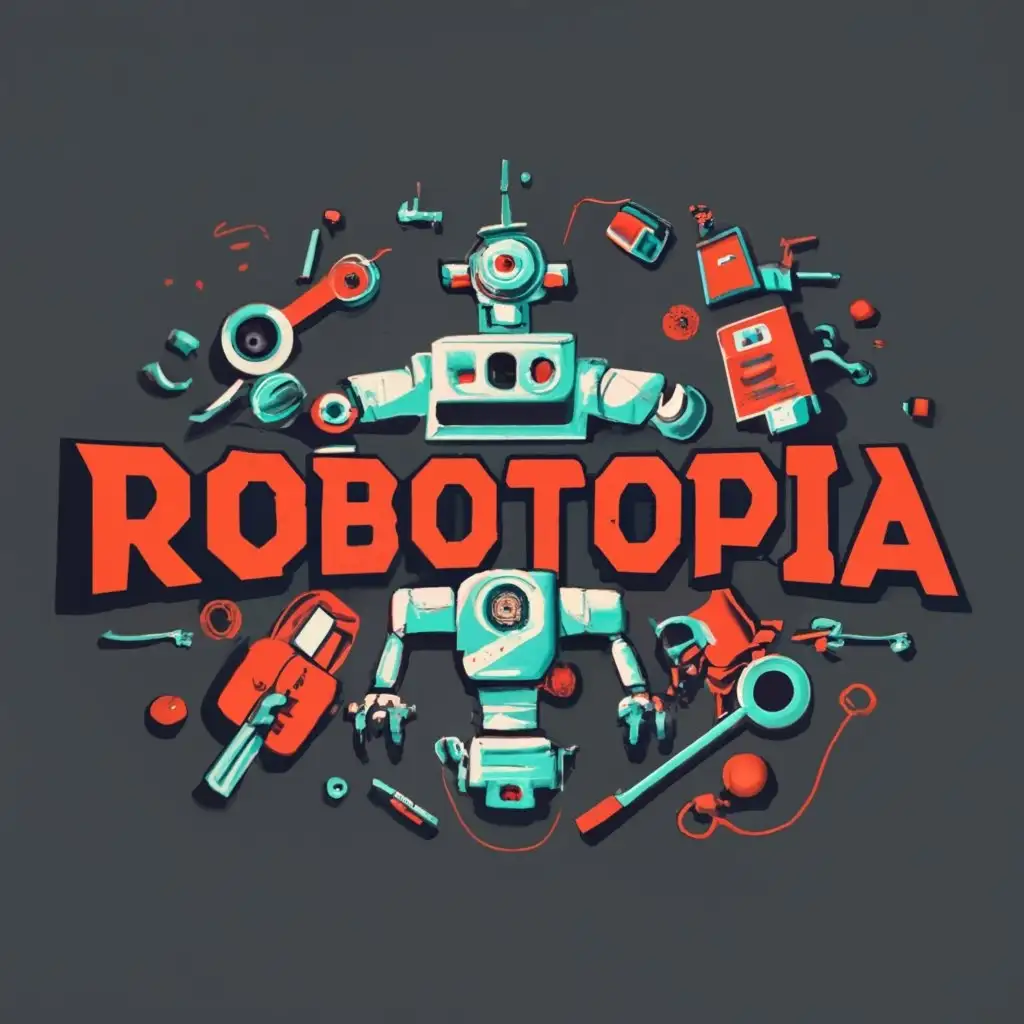 logo, 3d printed robot, with the text "robotopia", typography