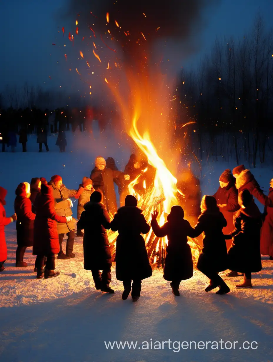Русский праздник Масленица,ночь, костёр, много людей водят хоровод