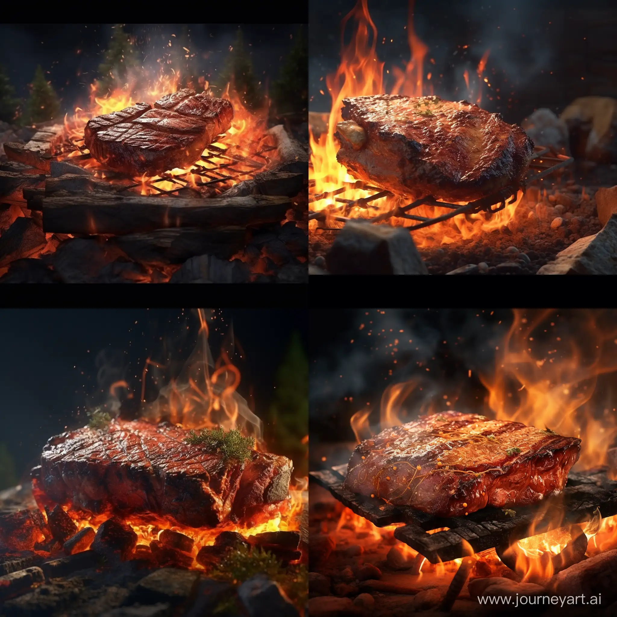 A big piece of meat on the fire. 3D animation 