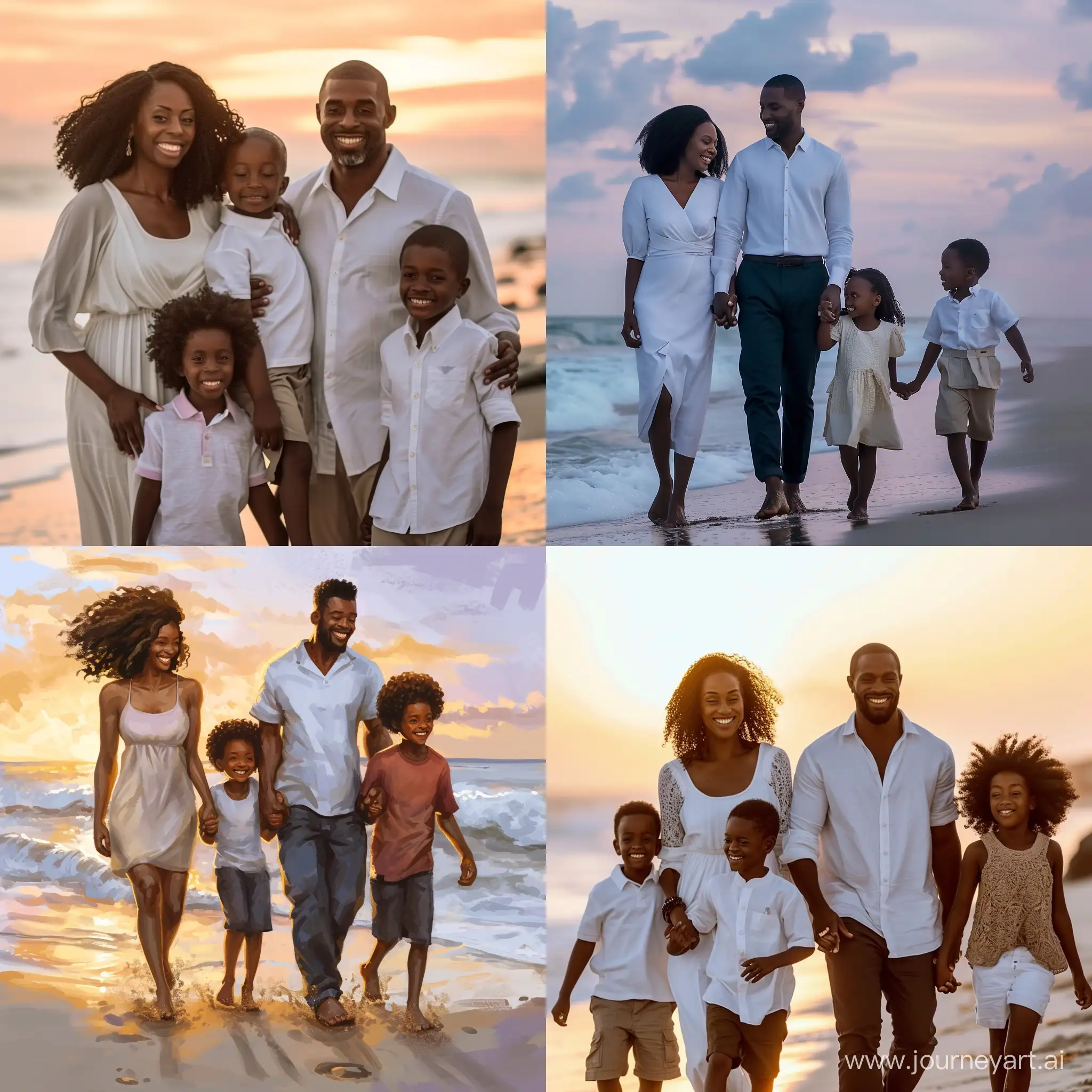 Creat a picture of a happy black family of parents and two kids taking a walk on the beach at sundown 