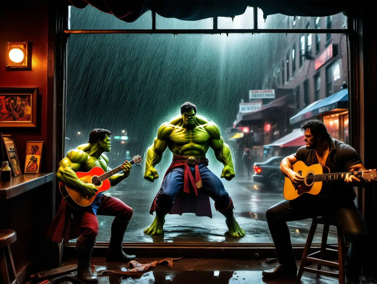Looking through a window at Doctor Strange and The Hulk playing guitars in a dive bar NYC during a rainstorm Frank Frazetta style