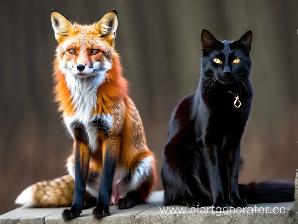 шикарный рыжий лис и черная кошка сидят рядом очень красивые