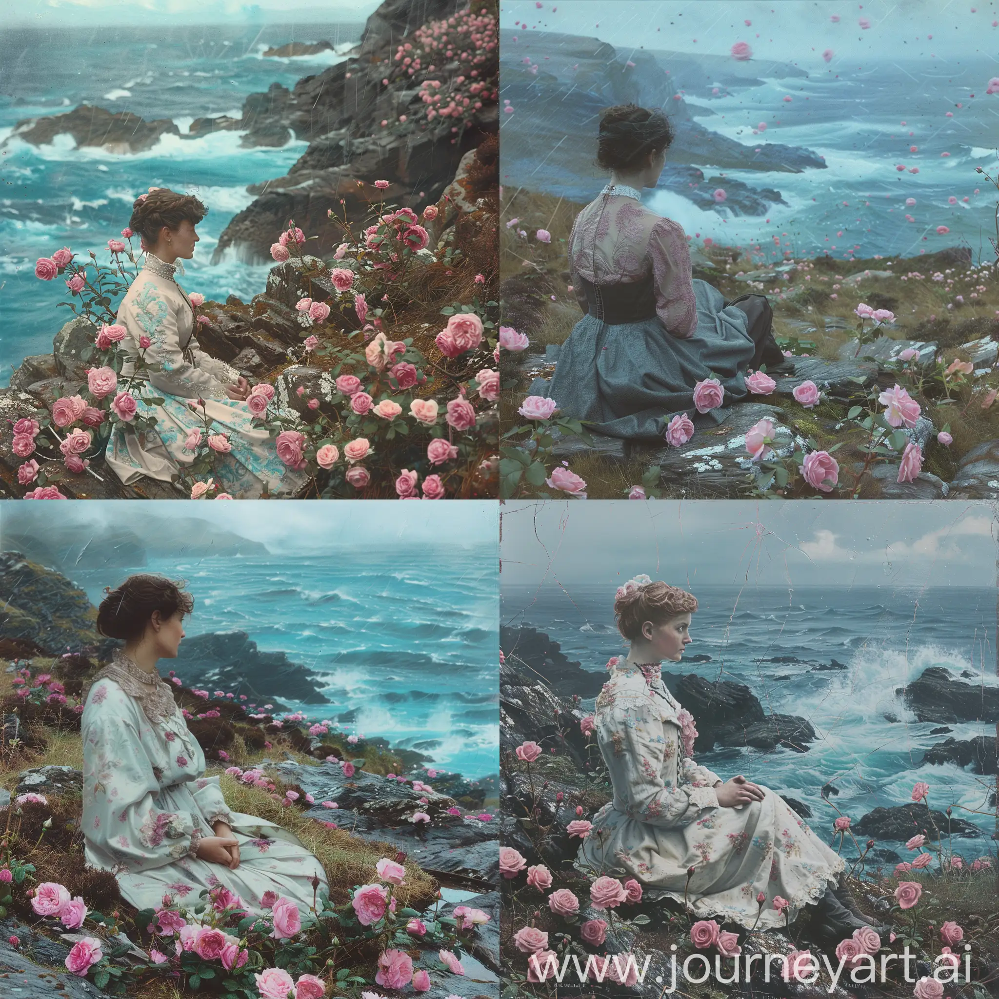 Lonely-Edwardian-Woman-Contemplating-by-the-Rocky-Coastline-amidst-Pink-Roses
