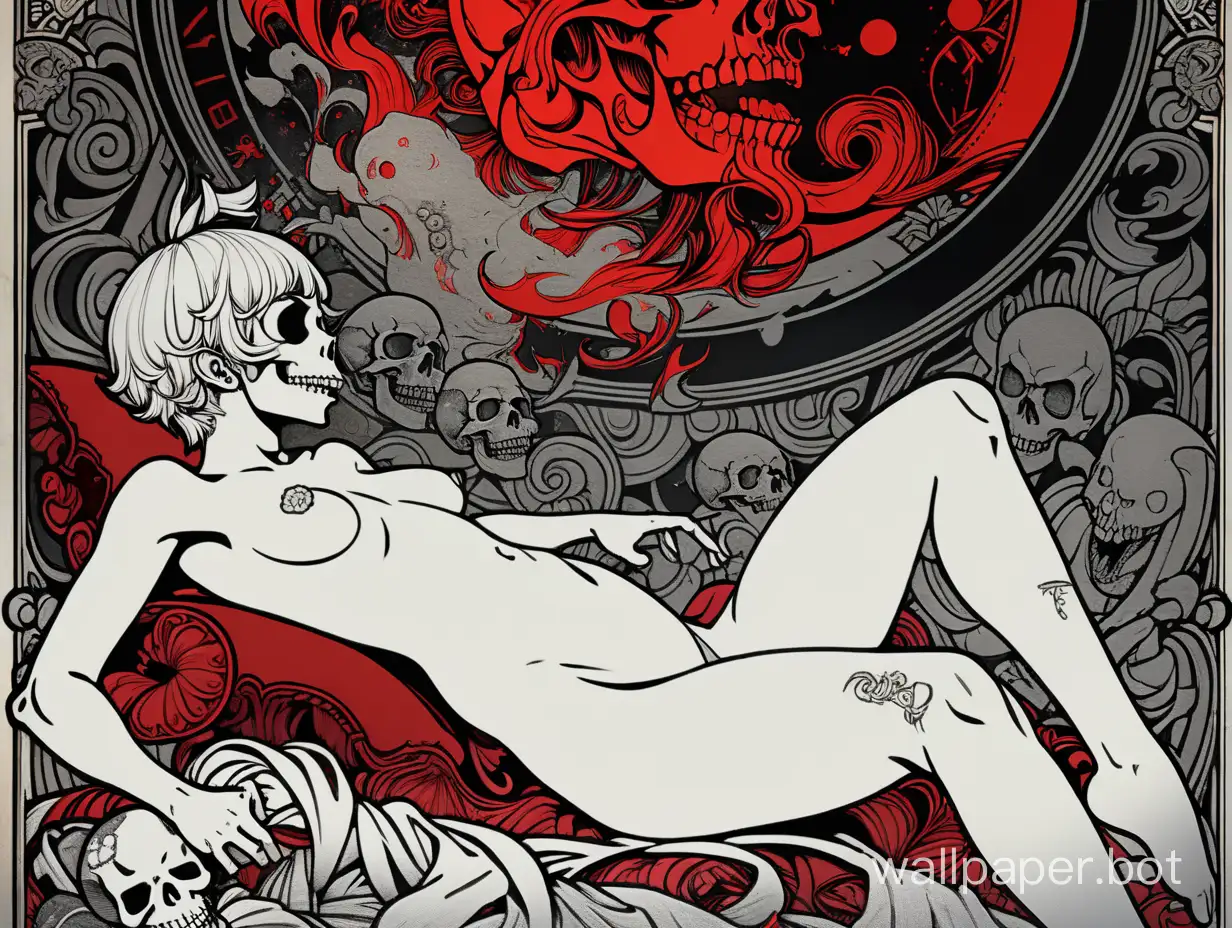 skull venus odalisque, full body , sexy crazy face, open mouth with tongue, chaos ornamental, short hair, darkness, assimetrical, japanese poster, torn poster edge, alphonse mucha hiperdetailed, highcontrast, black white red gray, explosive dripping  colors, sticker art