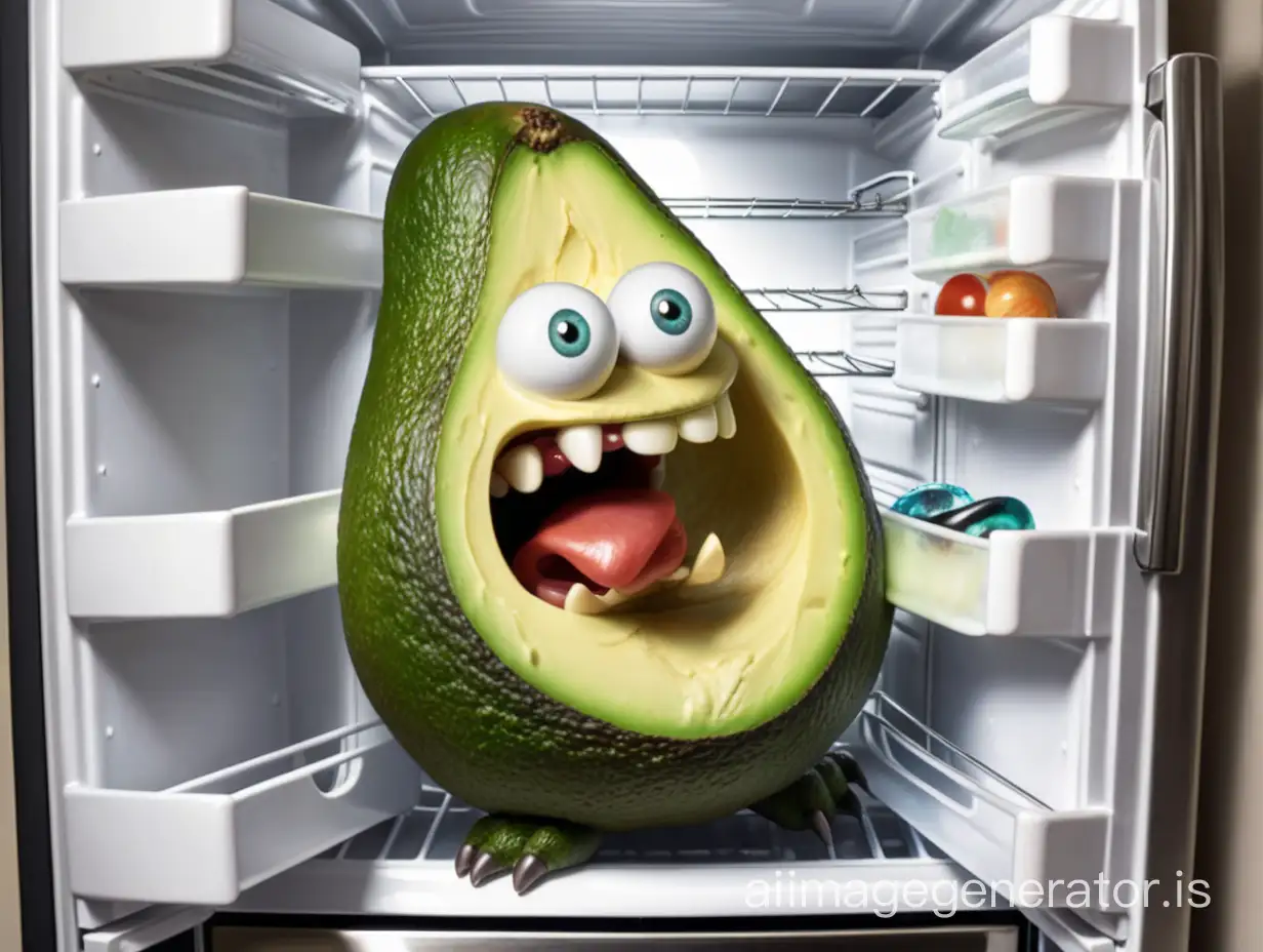 огромный авокадо монстр вылазит из холодильника