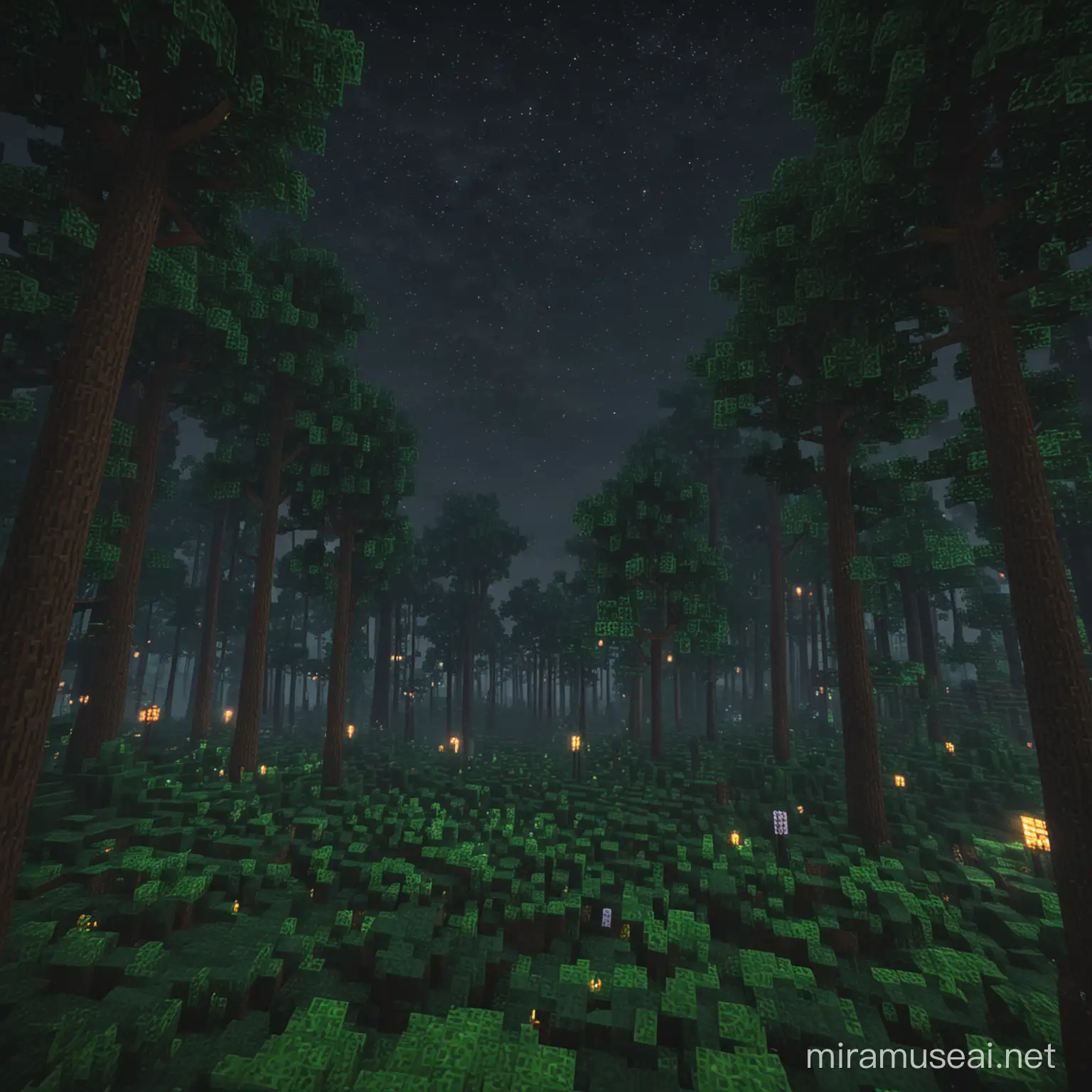 Minecraft Forest Nature Night Scene Illuminated Pixelated Trees in Twilight
