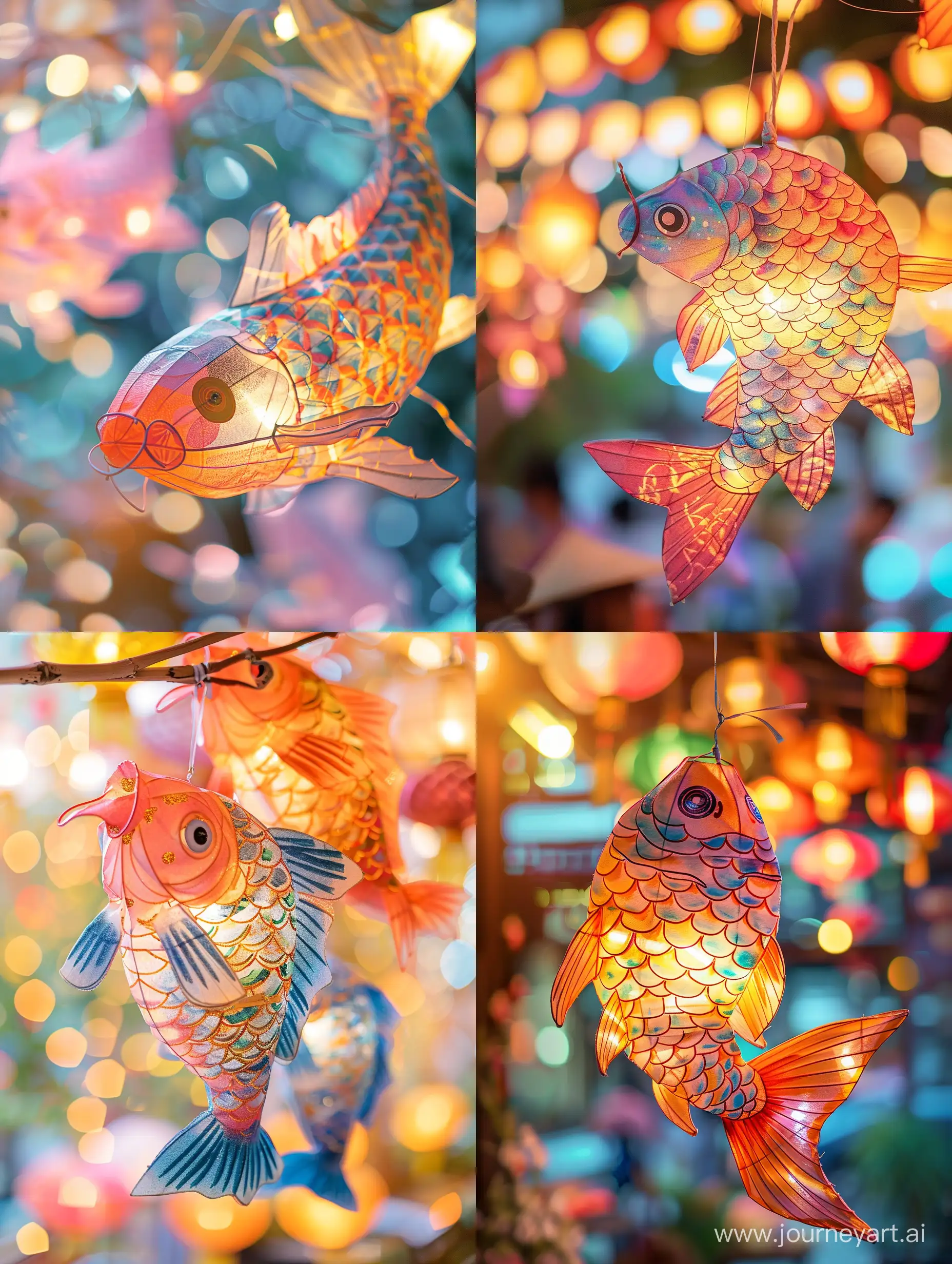 Close-up shot, a colorul carp-shaped lantern made of China rice paper, carried by someone, glowing effect, luminescence,soft focus, delicate pastel tones, Background Bokeh, Chinese Folk Event --ar 3:4 --stylize 150