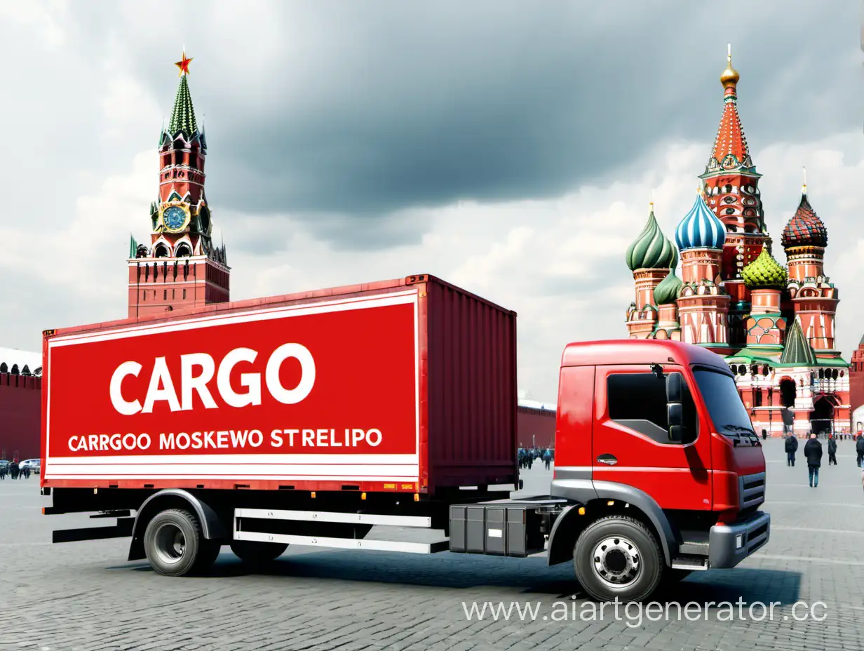 generate image of cargo truck standing on red square near moscow kremlin