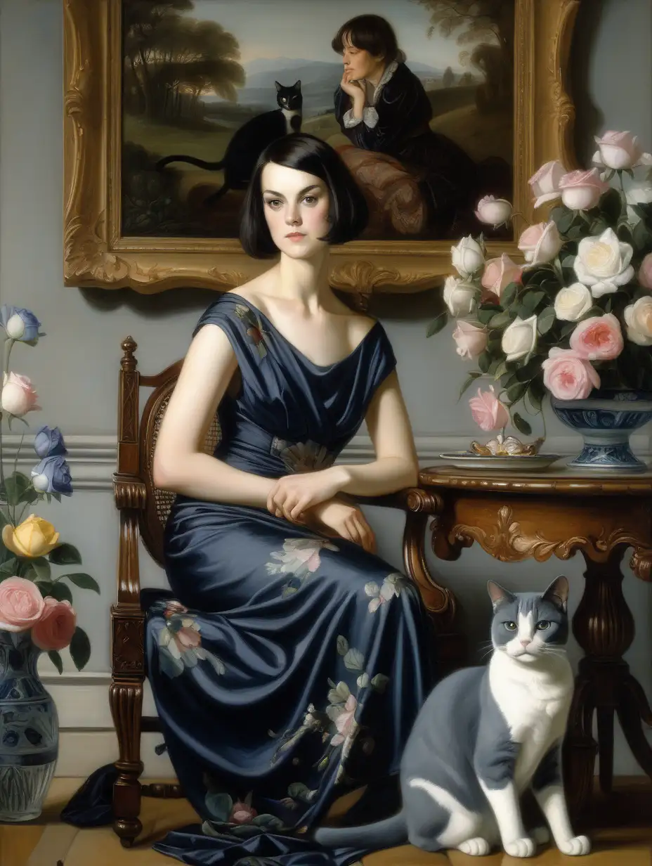 In the style of John Sargent Singer, a white woman with straight dark hair cut shoulder length with no bangs dressed in a navy blue floral dress, sitting in a chair next to one table supporting a vase of roses, a gray cat and a white cat sitting on the floor at her feet, a landscape painting on the wall behind her