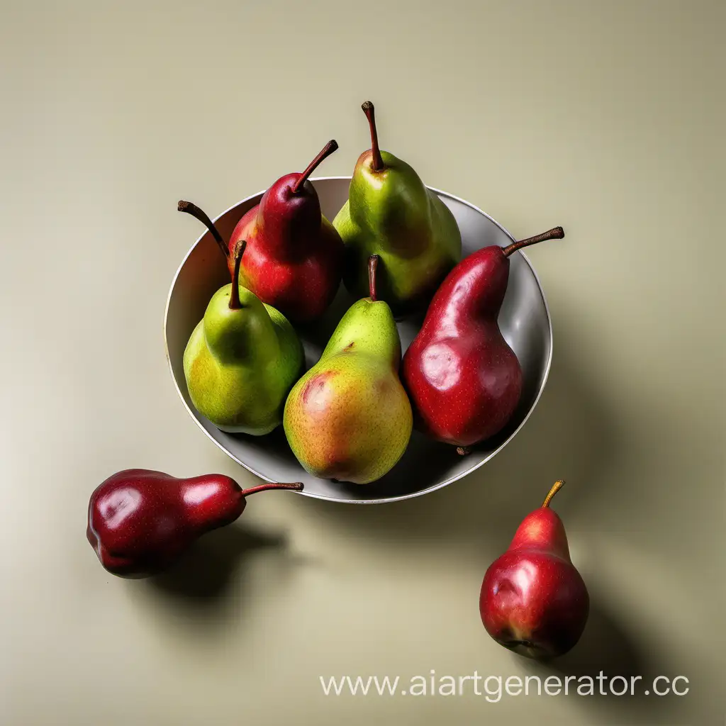 5 красных груш и три зеленые в вазе для фруктов нейтральный фон