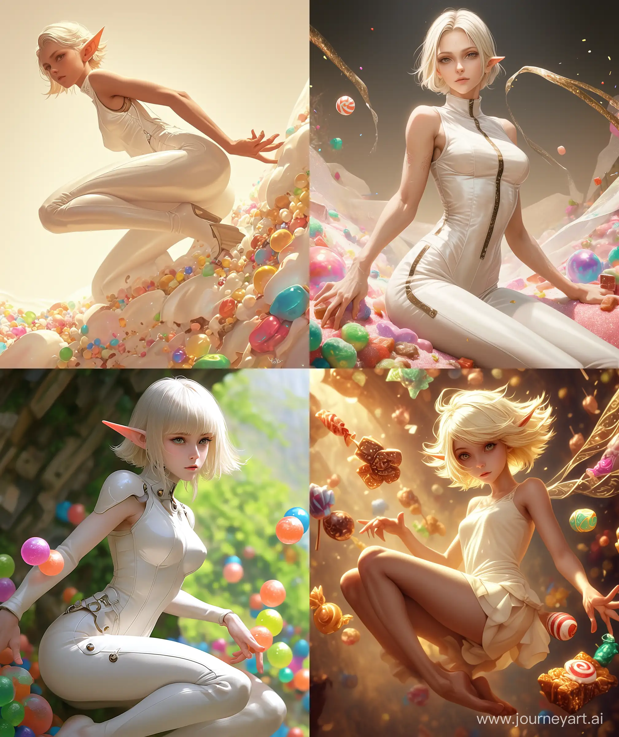 Beautiful tan color elf woman, many candies, rolling over soft quil, dynamic posture look, white colour body suit, short hair, stylish, candies around, beautiful and elegant look, looking at view, High quality, sharp details, no hyper realistic, perfectly beautiful look, --ar 27:32 --niji 6