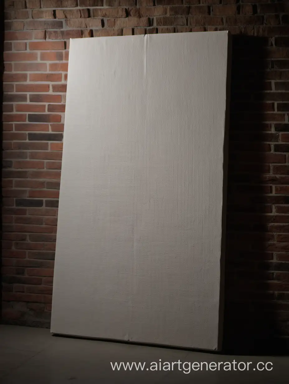 Side view of a rectangular vertical canvas, standing on the floor, leaning against a brick wall in a dark room