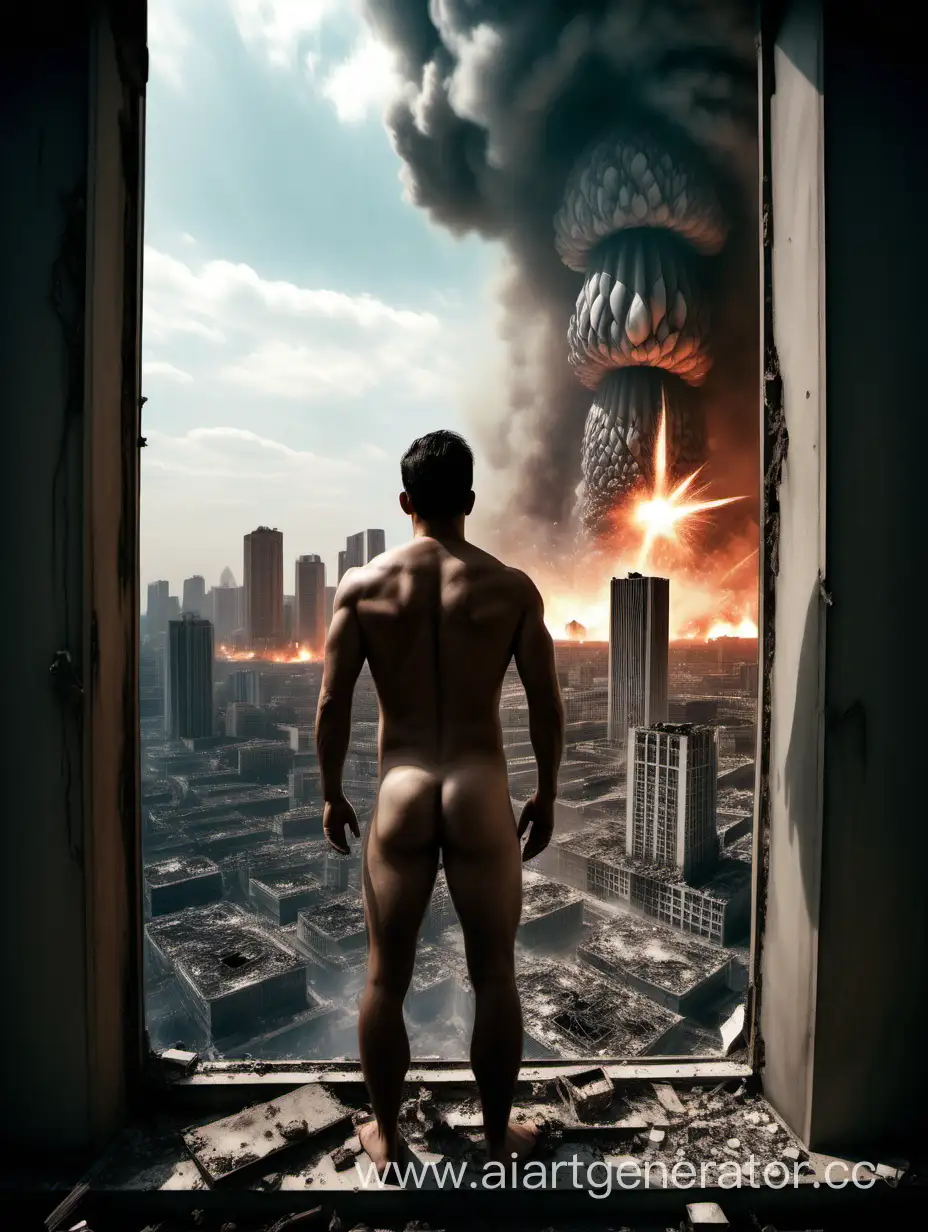 мужчина, смотрит в панорамное окно небоскрёба, обнажённый по пояс, и видит взрывы, от снарядов, и разрушенный город