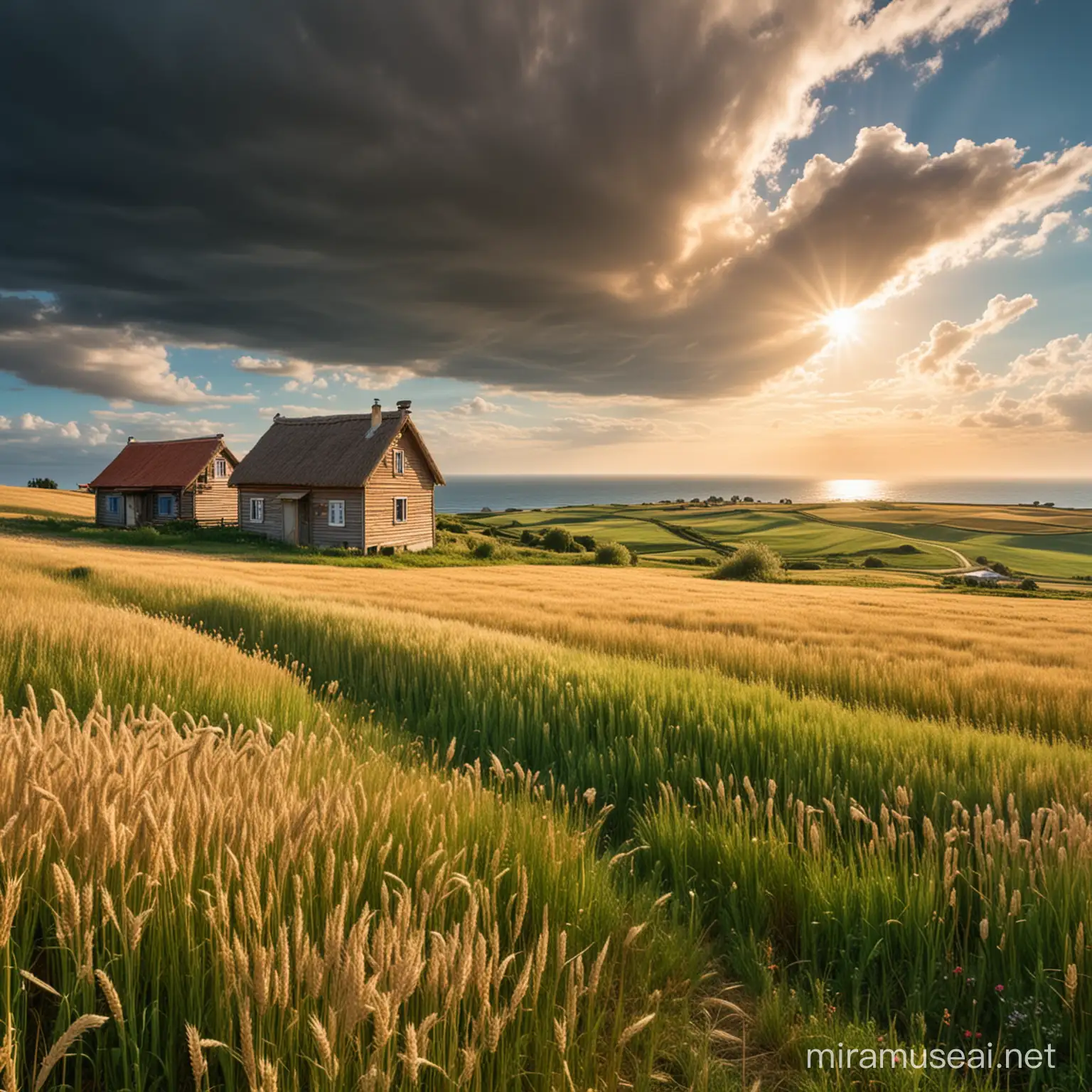 Scenic Wheat Fields with Ocean View and Flowered Hillside Home