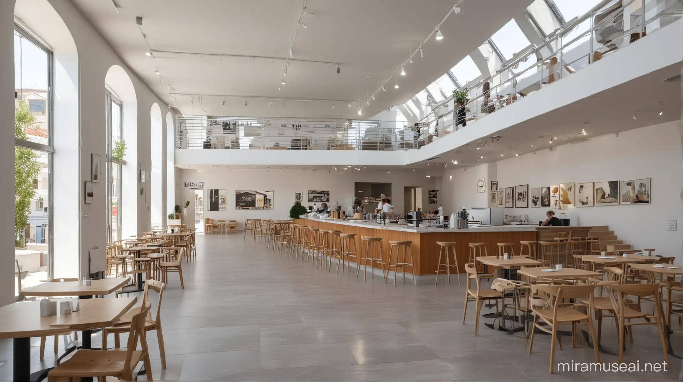 Apply modern architecture and Greek architecture to a museum cafe. Indoor. There is a mezzanine on the upper floor. There is a service stand in the corner of the room.
