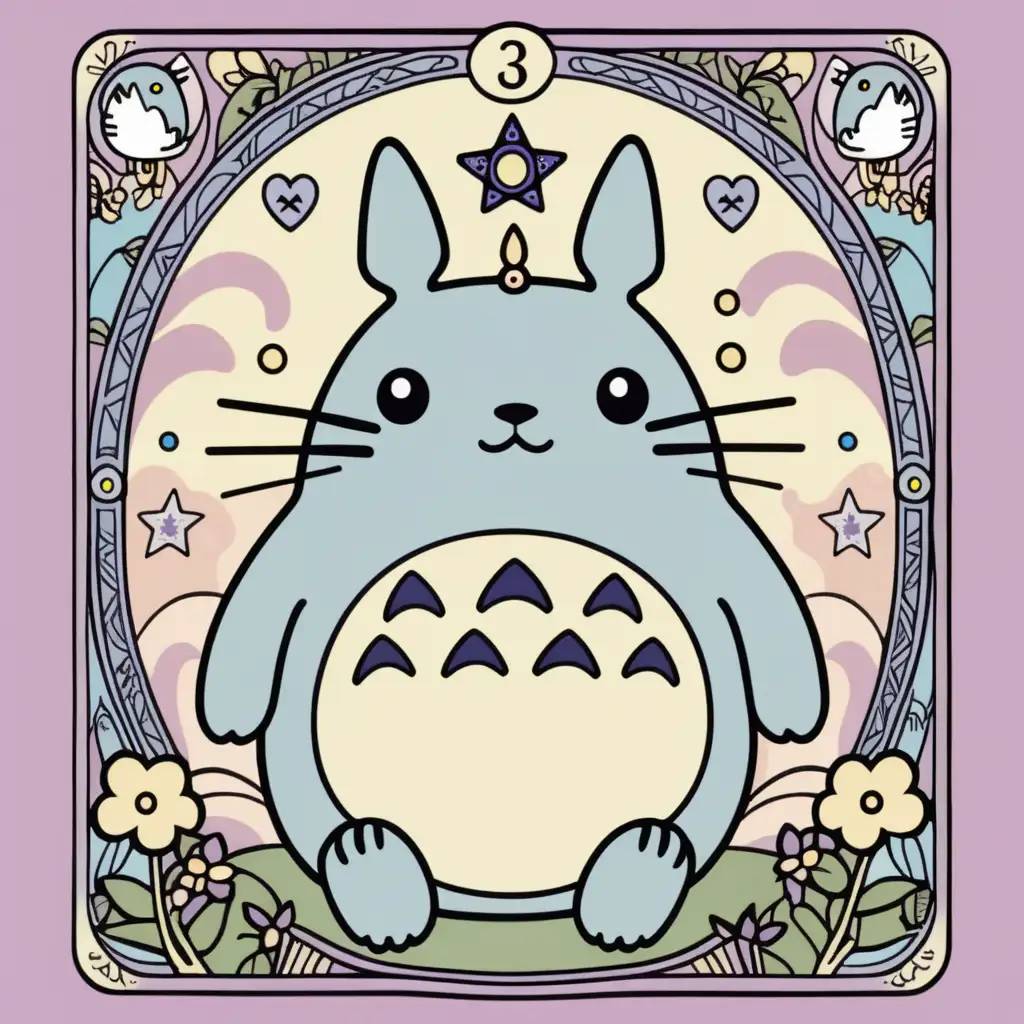 Whimsical Vintage Tarot Card Style Totoro in Sanrio Kawaii Pastel Goth