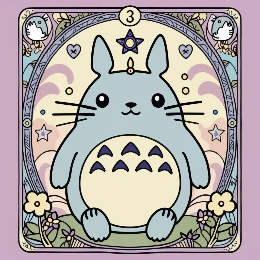 Vintage tarot card style, sanrio, kawaii, pastel goth flat vector illustration of totoro