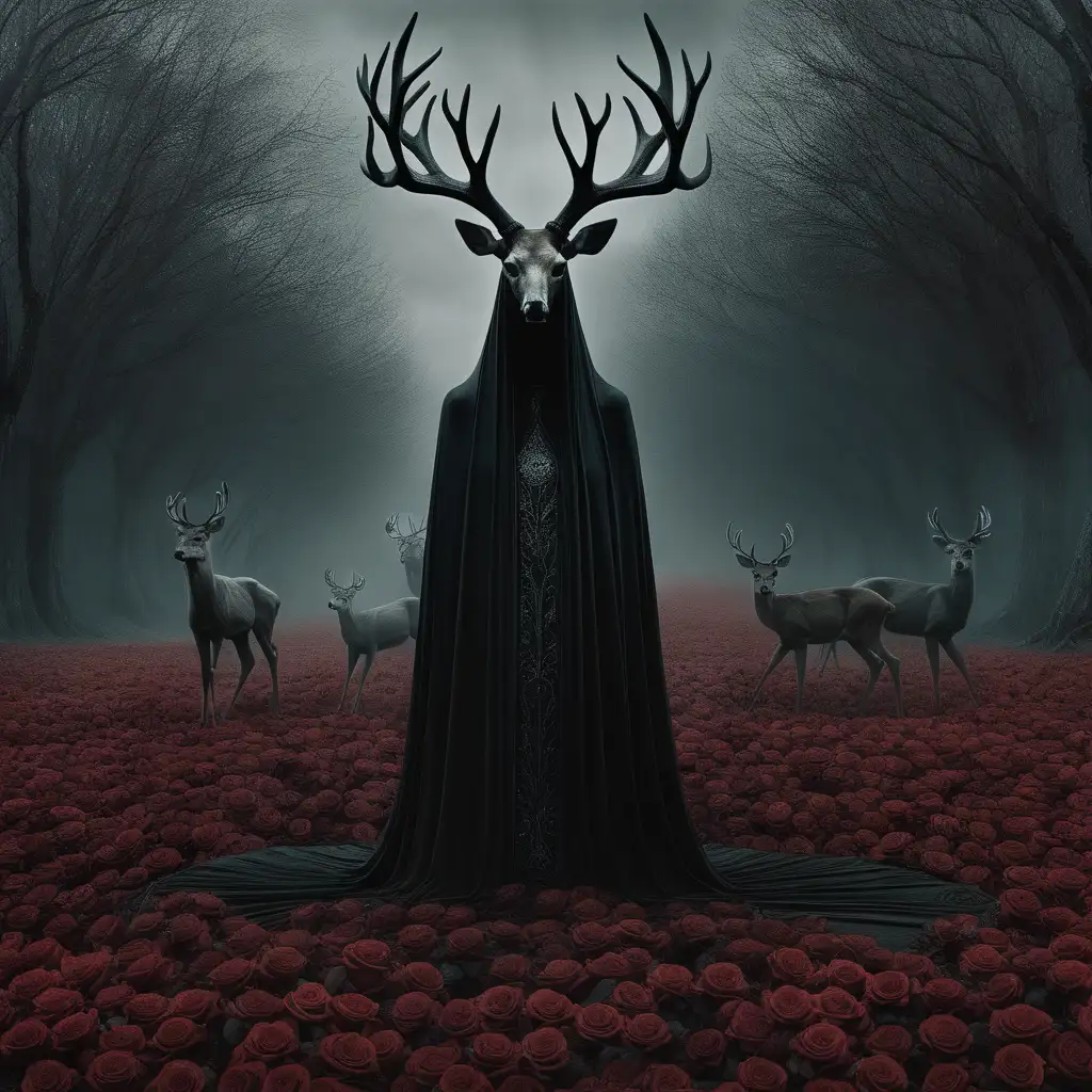 Enigmatic Fusion Deer with Human Face Amidst Roses in Beksiski Style