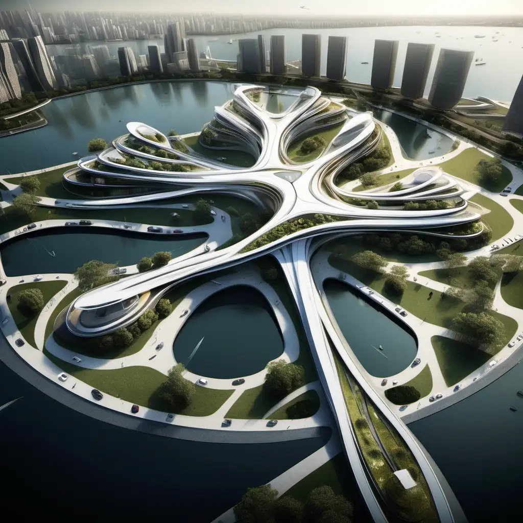Roundabout housing island projects 
With a side tower
Zaha hadid 
Water inside
Road connections 