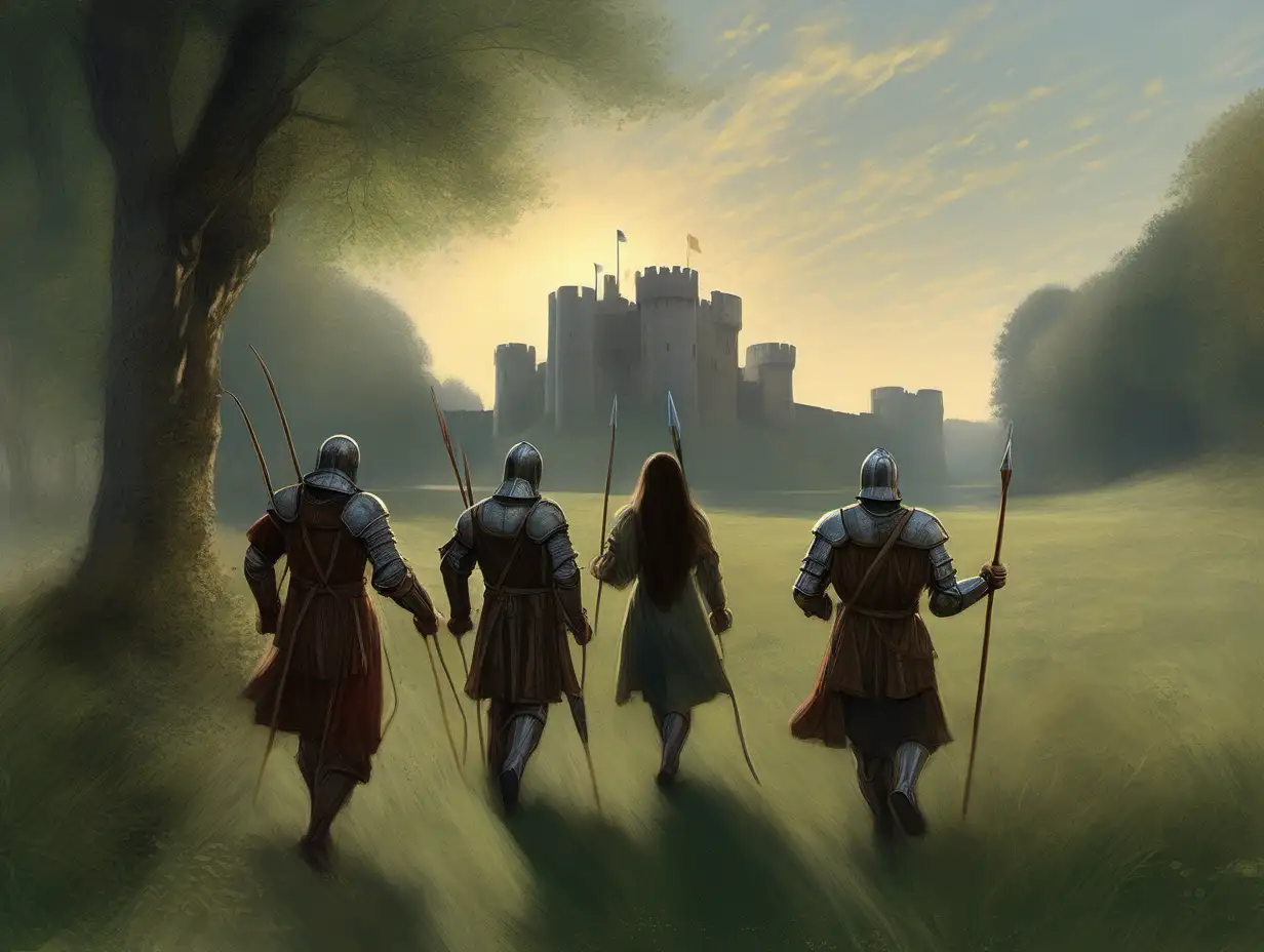 Medieval Castle Adventure Crossing the Meadow with a Diverse Group