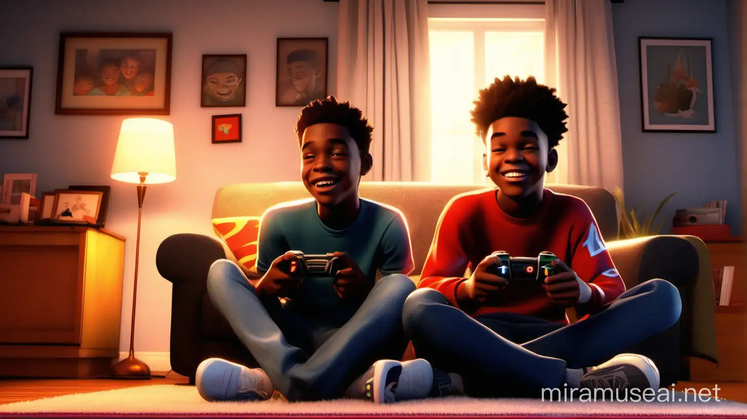 Capture the Joy: In this image, two African American teenage boys are engrossed in a lively video game session, their laughter echoing through the cozy living room. The vibrant energy of their friendship radiates as they share moments of excitement, competitiveness, and pure enjoyment. Show us the camaraderie and pure delight as they immerse themselves in the virtual world, creating unforgettable memories in the comfort of their home." Illumination, Disney-Pixar style illustration, 3-D animation, 4K