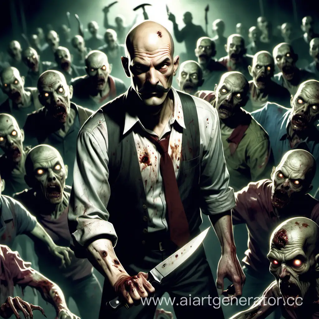 Главный герой человек усатый с залысиной на макушке держит нож в руке а вокруг много зомби