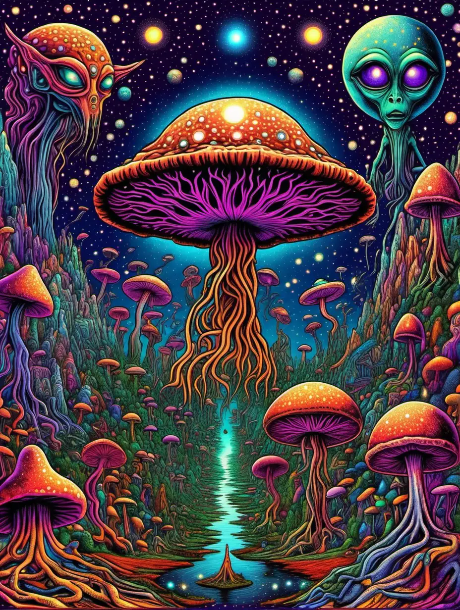 Trippy, dmt trip,strange world, strange creatures, stars, moon, planet, psychedelic  mushrooms, simple, universe, dmt entities, sacred geometry, alien disorientation 