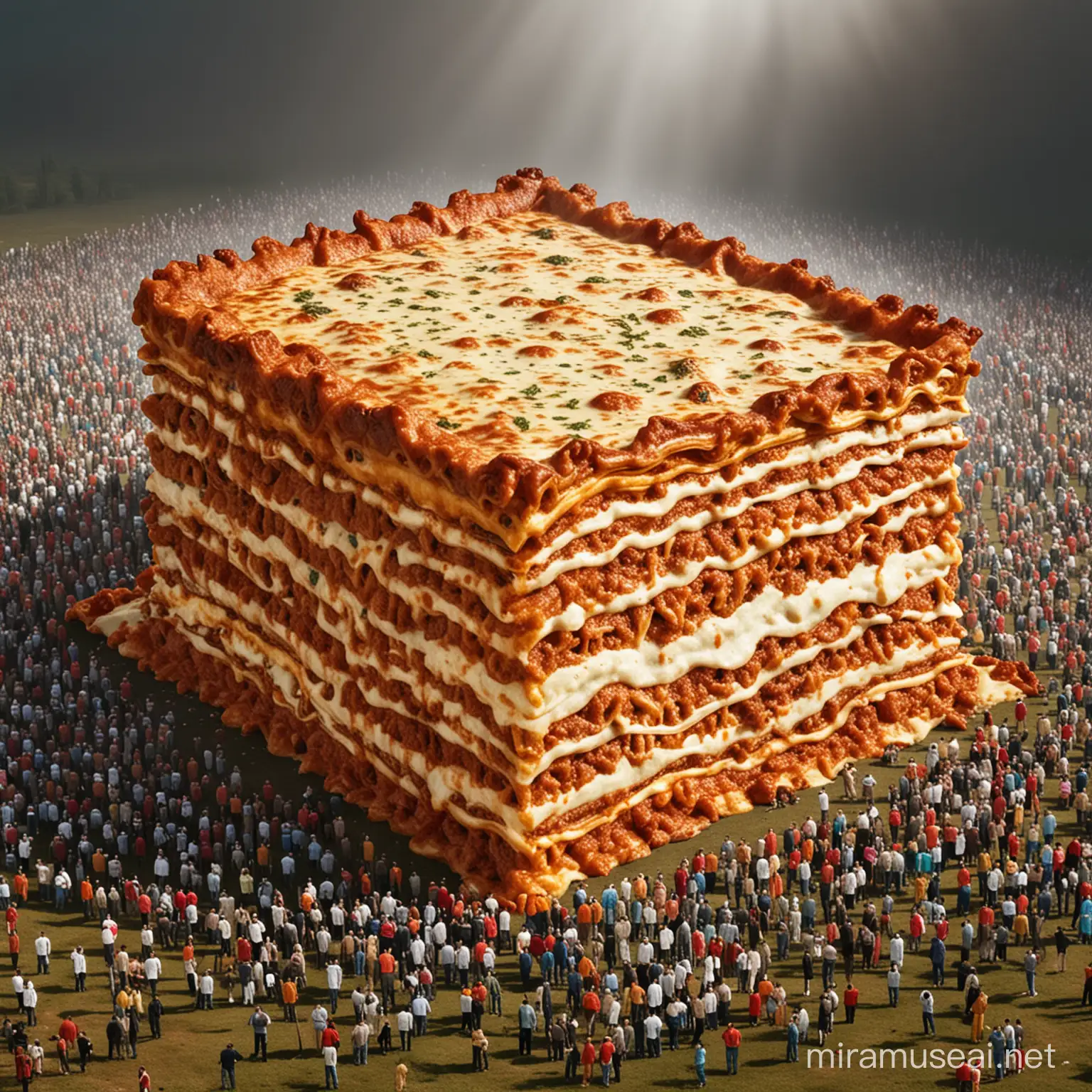 Humans worshipping a giant sentient lasagna. 
