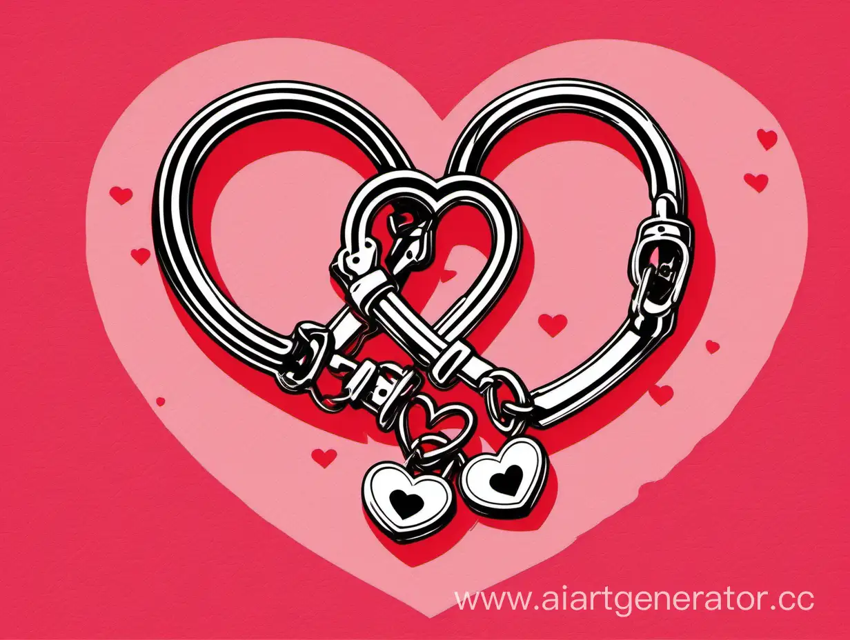 Create a Valentine's Day card for business partners in the style of "Love is...The design should depict hearts in the form of handcuffs, a whip, embodying a unique and thought-provoking interpretation of love. Bring creativity and innovation to the artwork by creating a bright and unconventional postcard for this special occasion.
