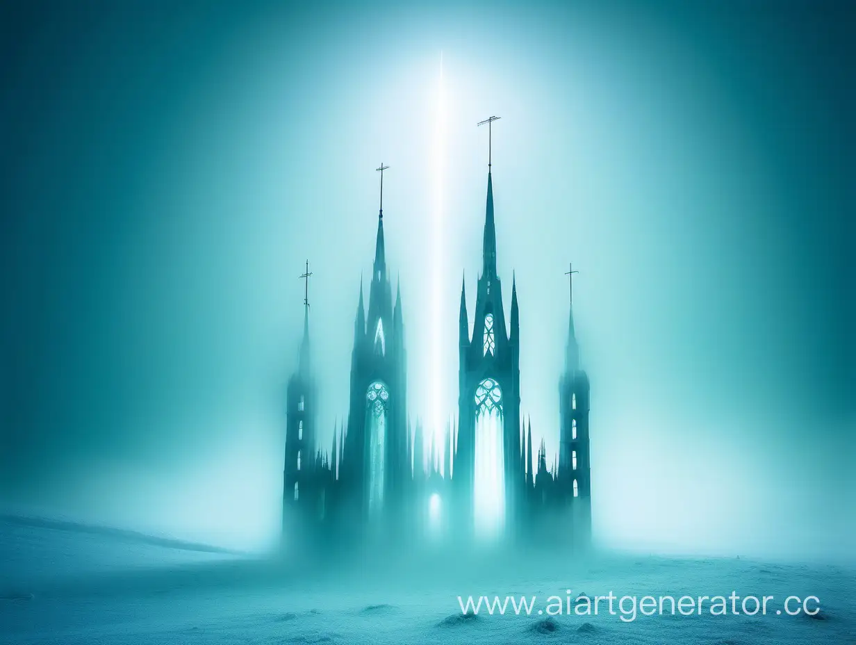 white emmition ethereal three gothic towers with elongated shape far in distance, in bright fog, deep blue background, ice landscape, blury focus, ethereal ghostly cold blue green colours, light flares