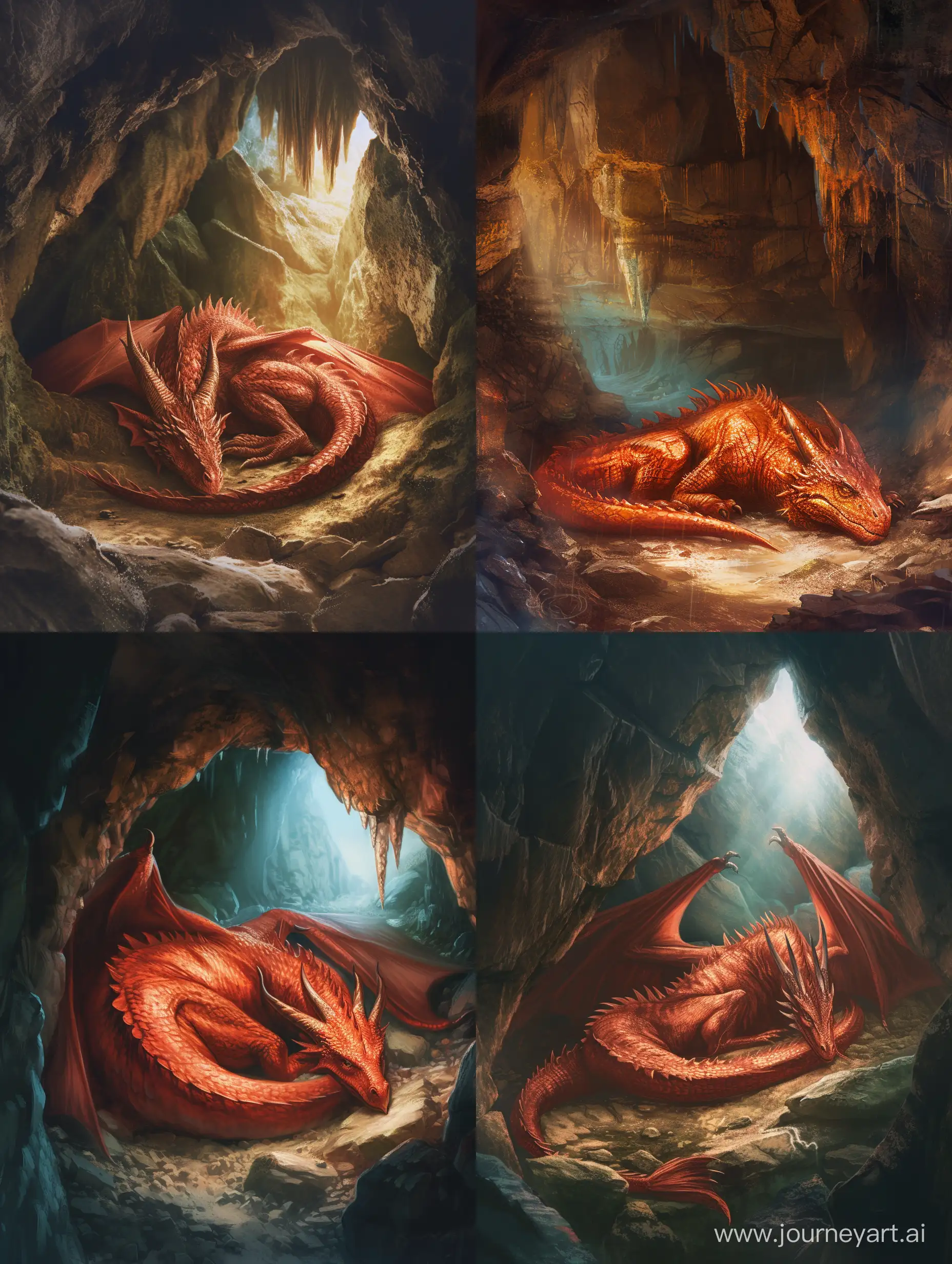 Create a captivating graphical representation of a majestic red dragon lying in a mystical cave. Explore lighting, texture, and composition to convey the awe-inspiring presence of the dragon within its lair. Consider incorporating elements that evoke a sense of mystery and adventure.