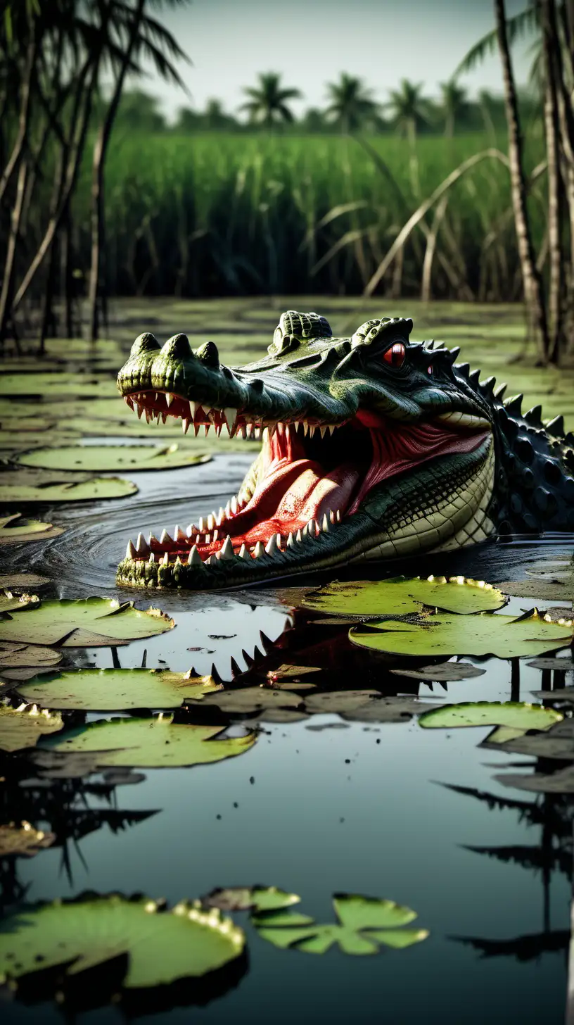 bloody swamp, scary scenery,  the threat of lurking predators, water lilies, the primal instinct for survival as a man battles ferociously with a massive crocodile, a vivid picture of crocodiles lurking ominously in the distance, their eyes glinting with predatory hunger as they silently stalk their prey