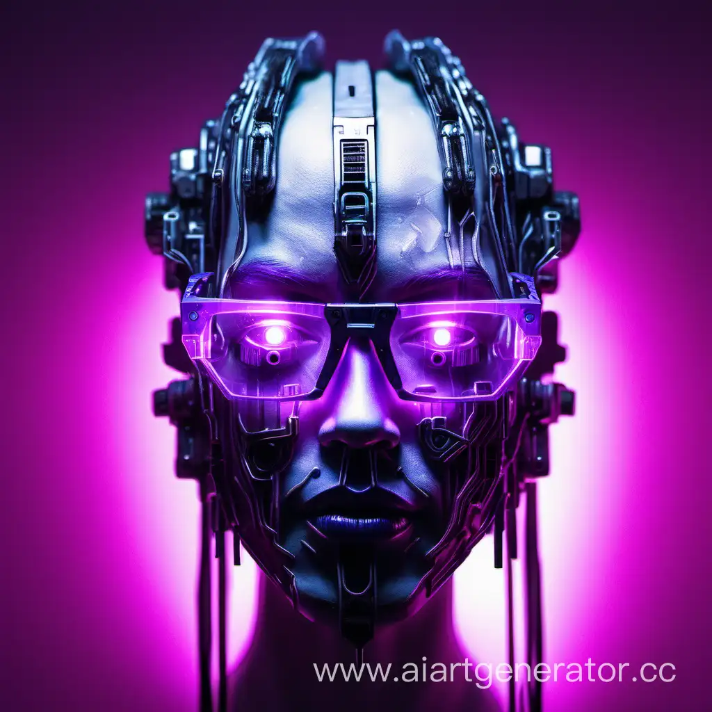 Лицо из кварца в стиле киберпанка с очками фиолетовым свечениям 
