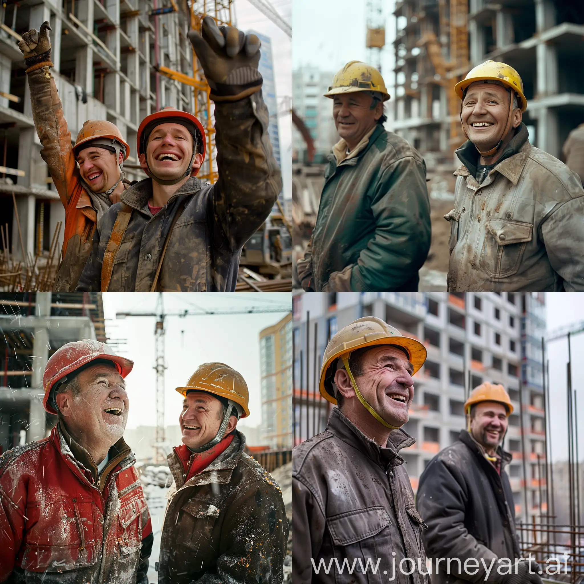 create a real photo in the best quality, which shows builders in helmets happy at a construction site in Russia