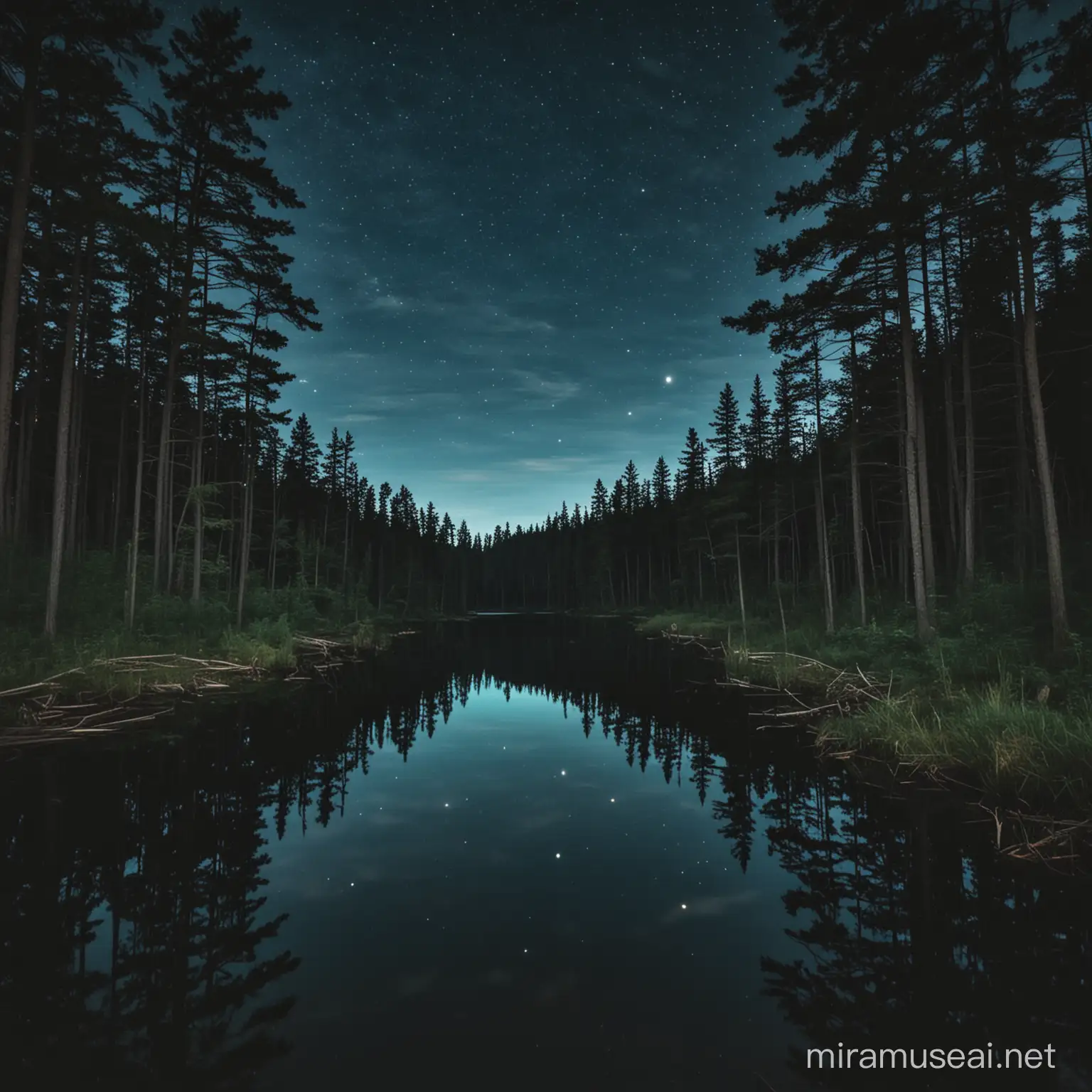 un bosque de noche con un lago