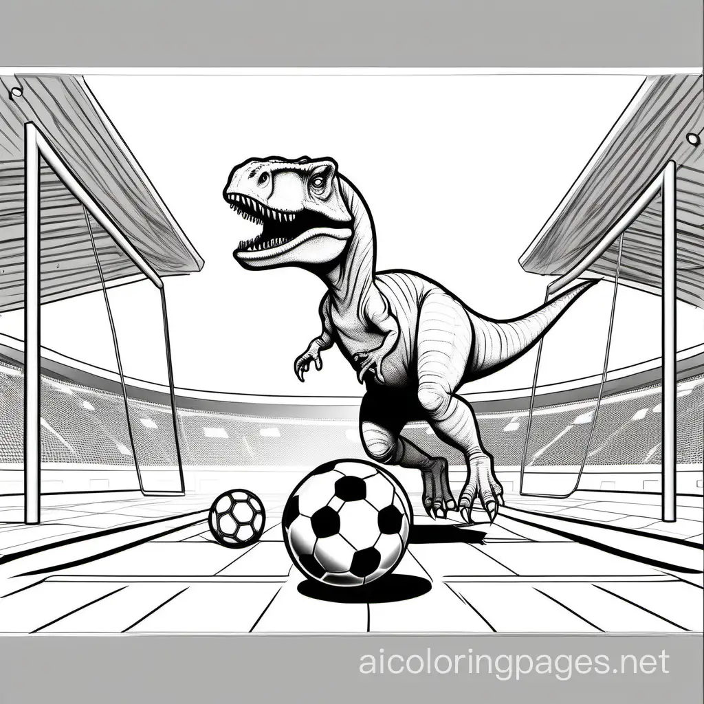 Acrocanthosaurus dinosaur playing soccer , Coloring Page, black and white, line art, white background, Simplicity, Ample White Space. The background of the coloring page is plain white to make it easy for young children to color within the lines. The outlines of all the subjects are easy to distinguish, making it simple for kids to color without too much difficulty
