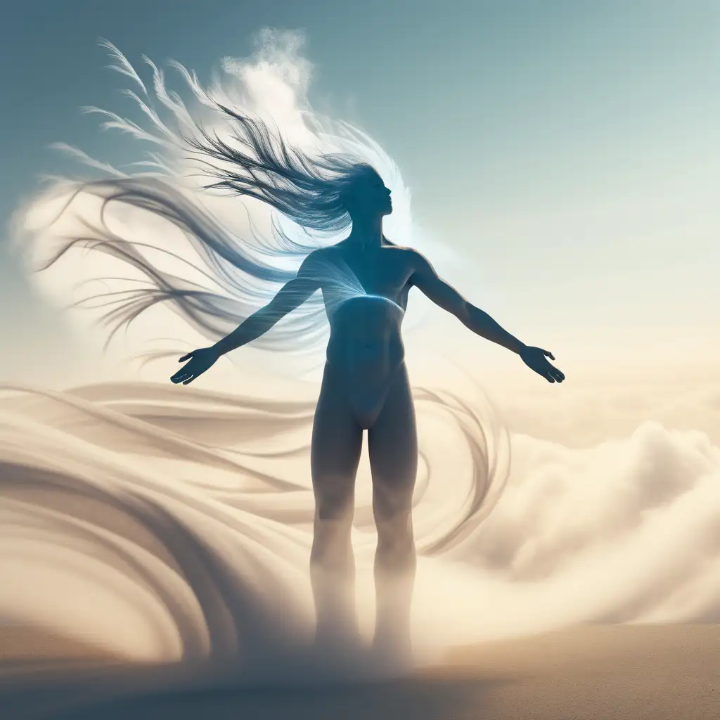 human standing in a wind, breathe, air power, graphic, wind-deep transformation