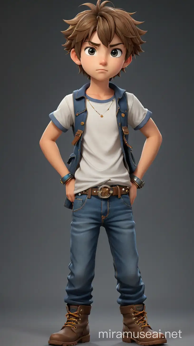Full body, the boy from harvest moon, confused face, young and cute, brown hair, white T-shirt, studded belt, blue pants, brown boots, thinking posture, holding chin, in the pure black background like in 3d rendering space, c4D quality.