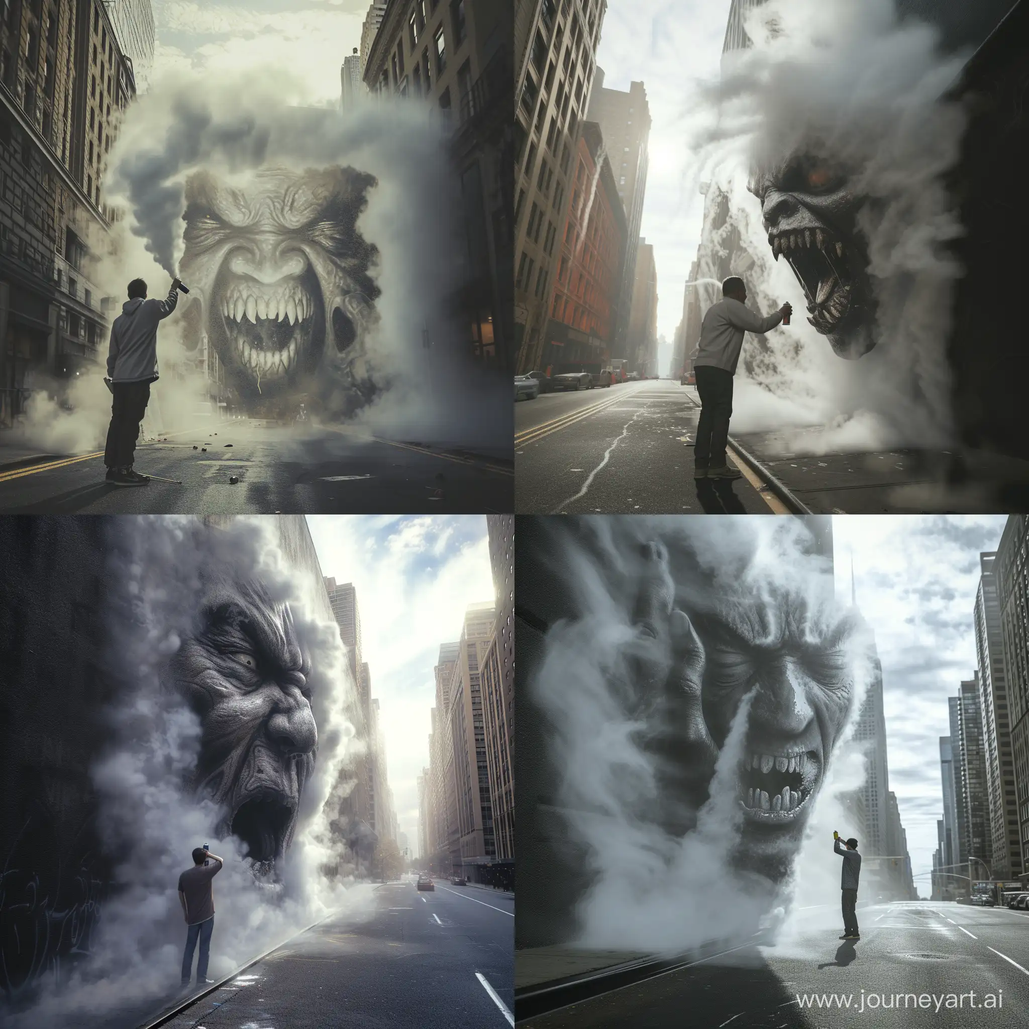raw 8k A man is painting a wall with a spray can on a New York street, steam a scary face like a scene from a movie standing　is coming out from the road around him. 3D