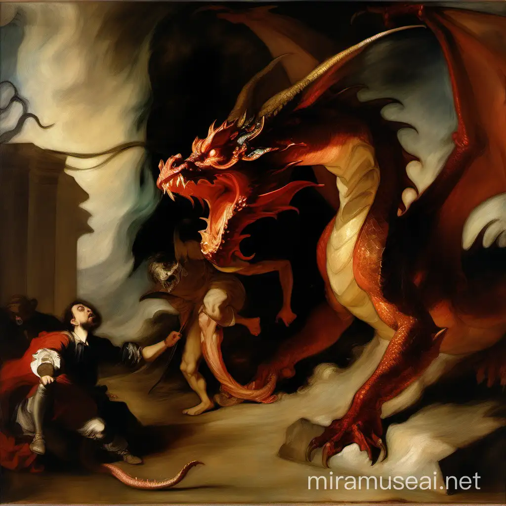 17th Century Oil Painting Style Dragon Duel with Demon Featuring ...