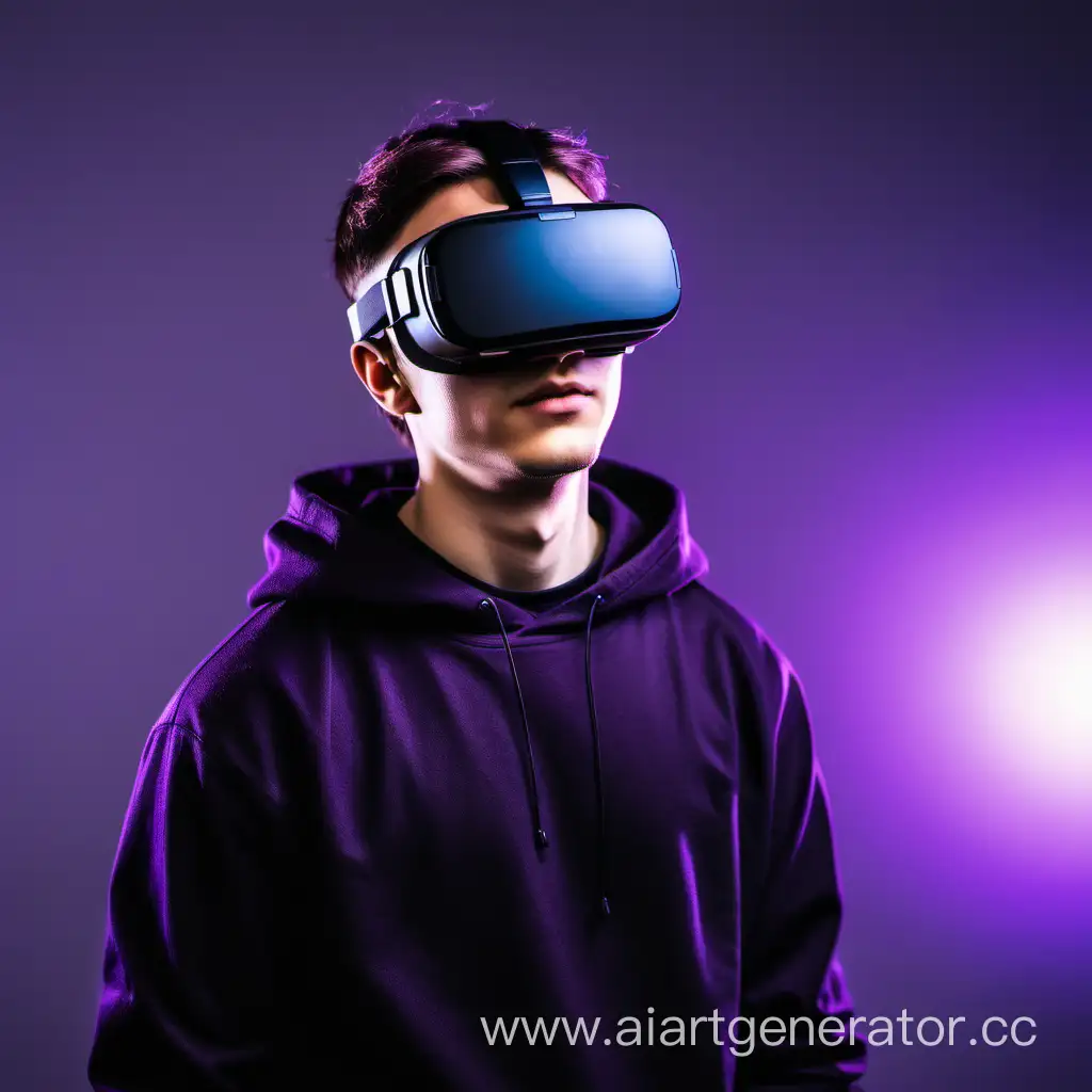 молодой парень  в очках виртуальной реальности. цвет очков отблескивает фиолетовым. парень одет в темную одежду