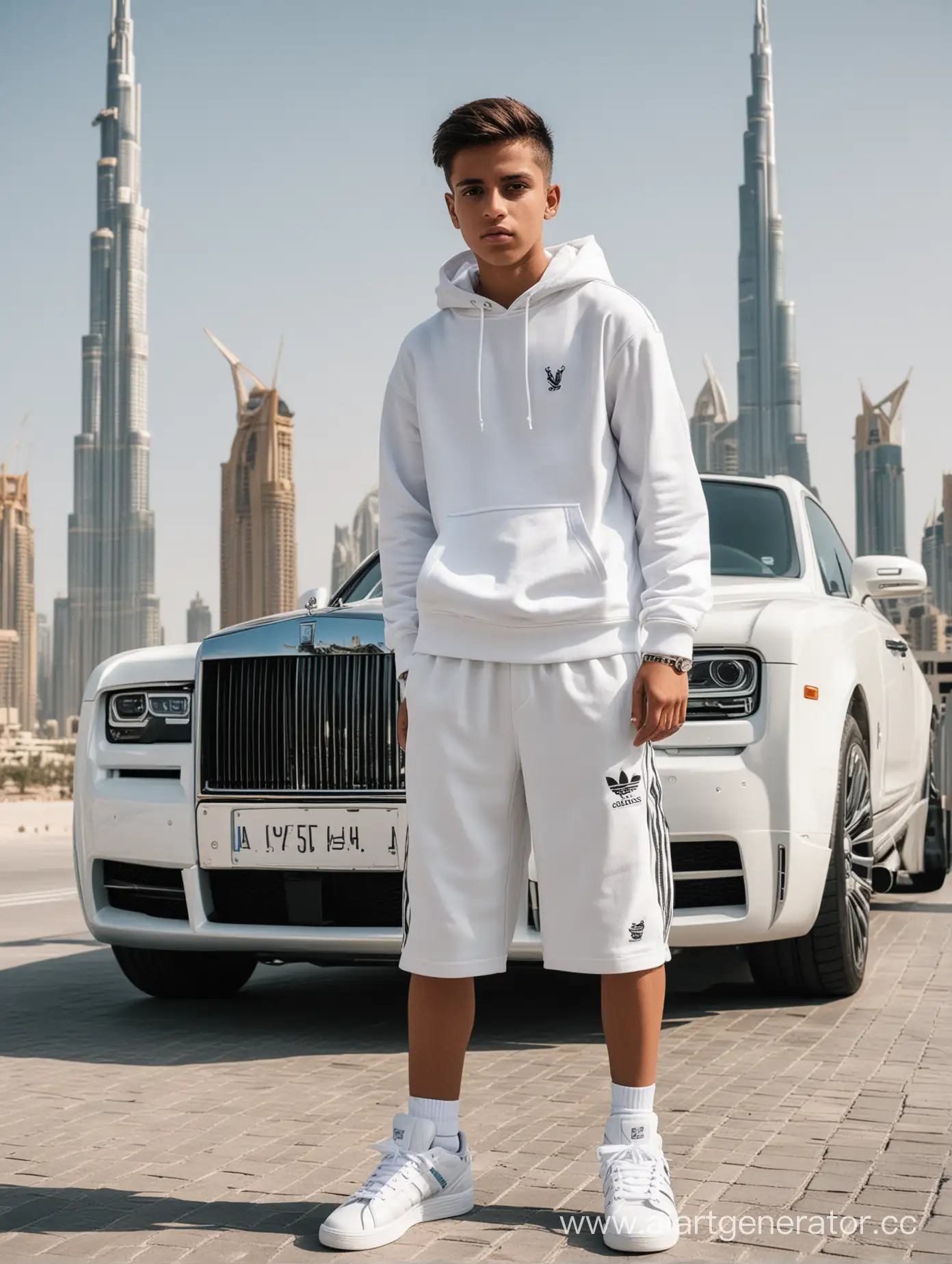 Мальчик 15 лет стоит на фоне Дубая в белых кроссовках, белой кофте и шортах адидас, в капюшоне, рядом с ним стоит РОЛС рой 