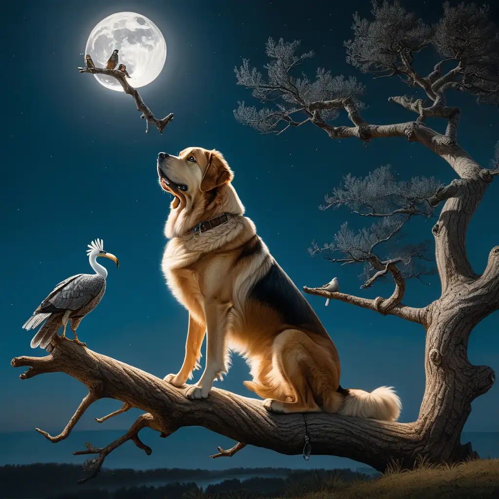 one very large dog sitting on a branch with a large bird by bright moonlight