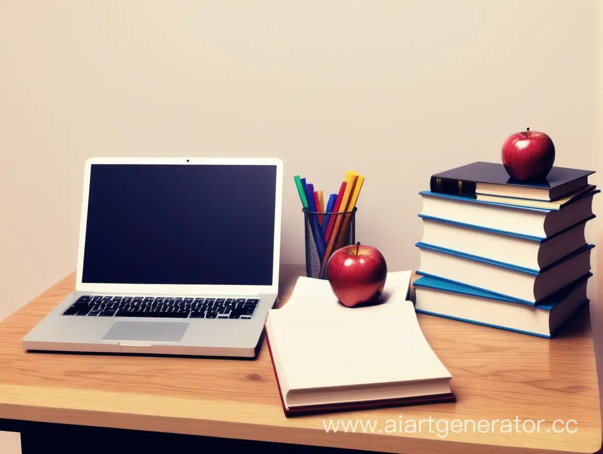 سلام لطفا برام یه عکس طراحی کن از میز معلم که چند عدد کتاب و یک سیب روی کتاب باشد