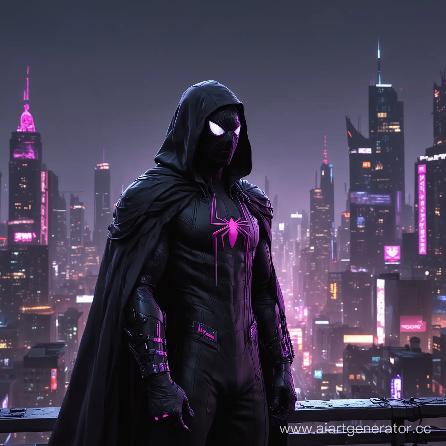 Cyberpunk-SpiderMan-in-Noir-Suit-Surveys-Futuristic-Cityscape