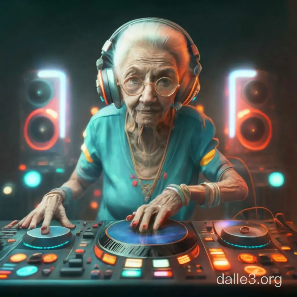 hyper realistic very old lady dj at the turntables