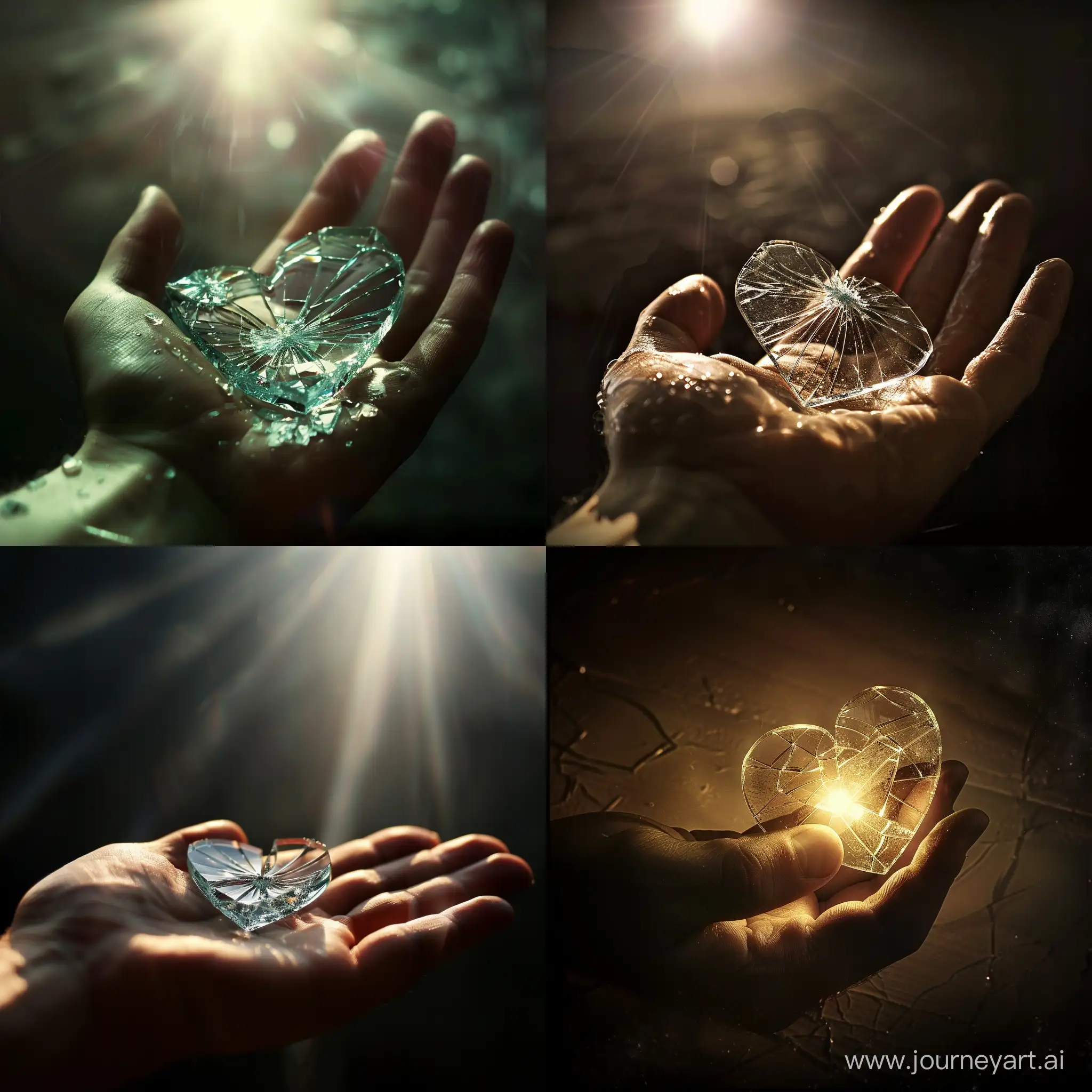 A broken glass heart rests on the hand, the light shines down dimly.