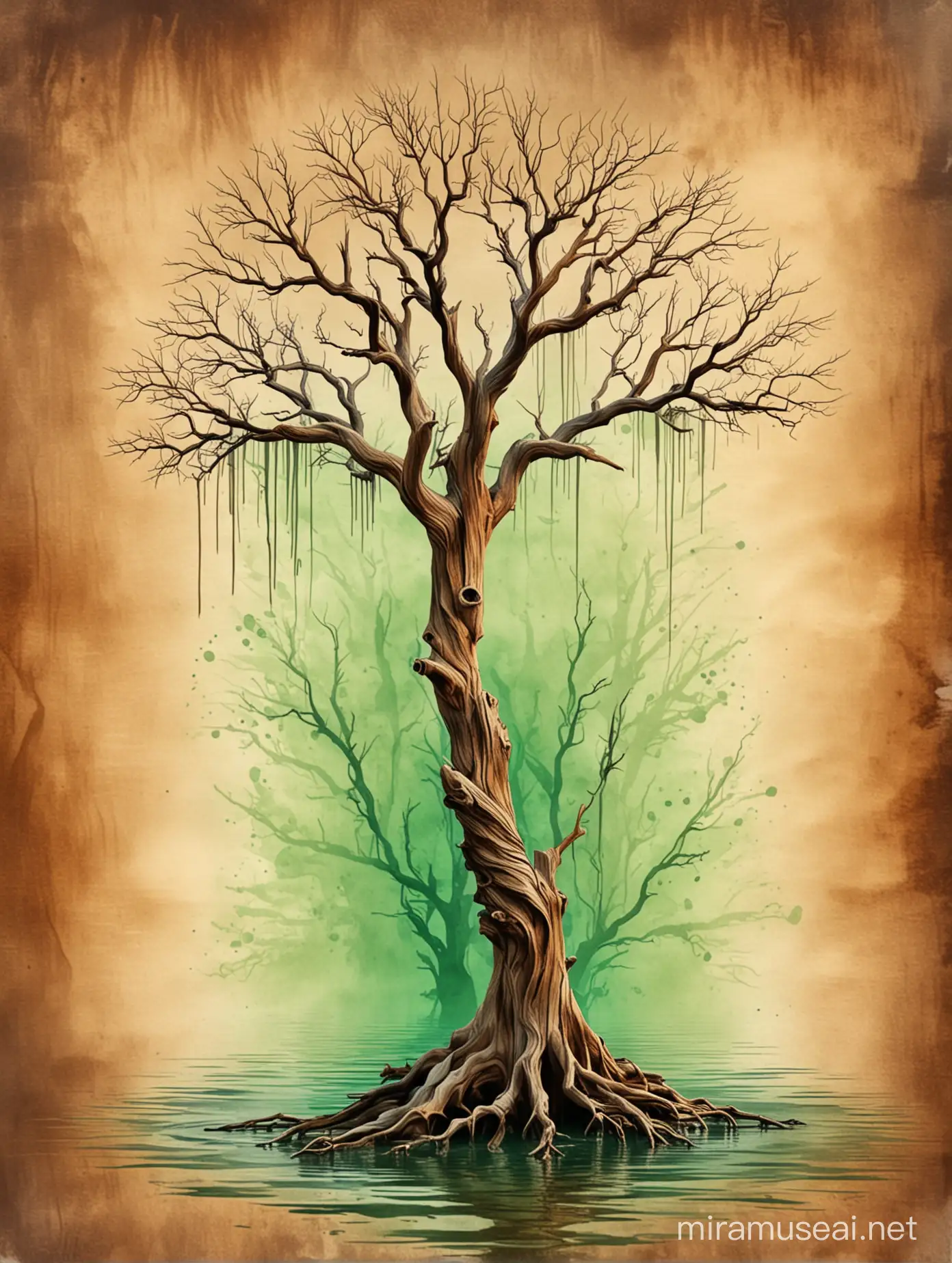 3D Dead Tree with Green and Brown Watercolor Background