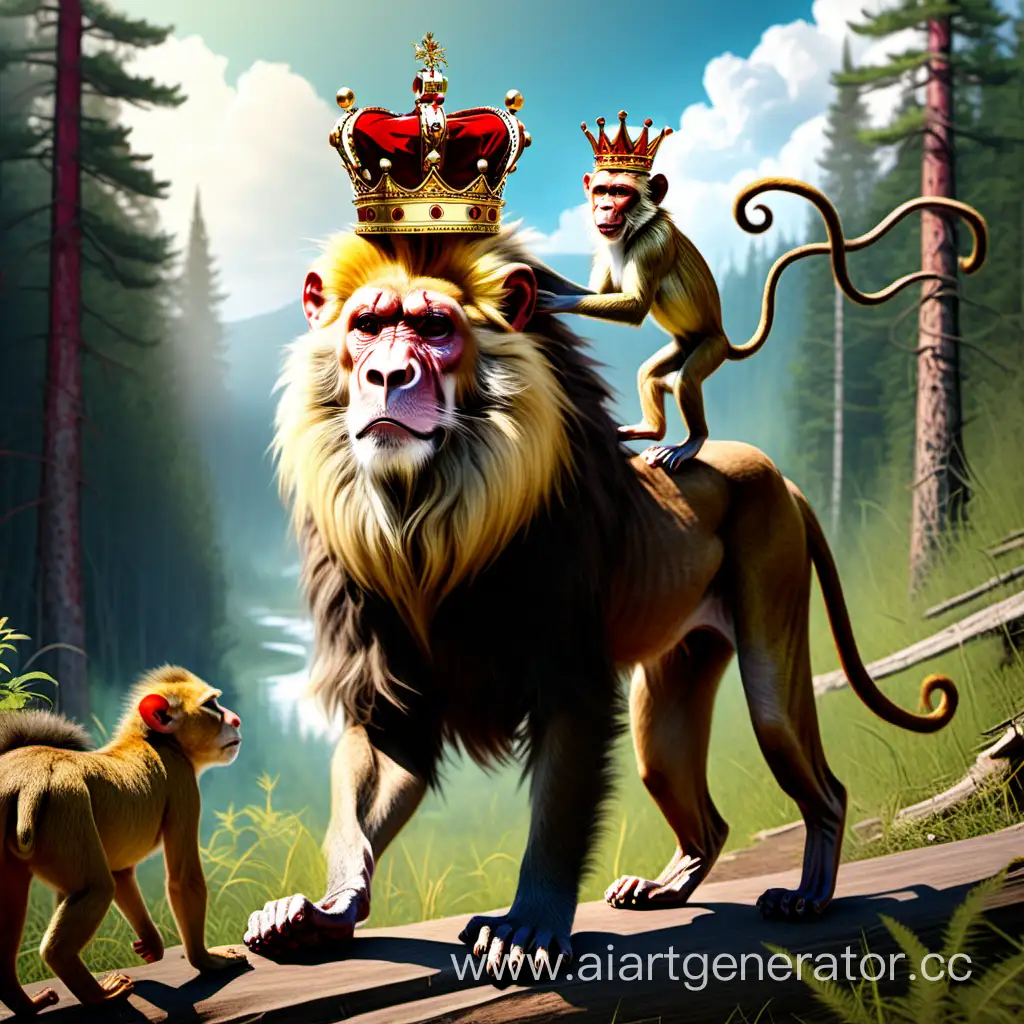 Наглая Обезьяна в короне едет верхом на уставшем льве по тайге в солнечный летний день